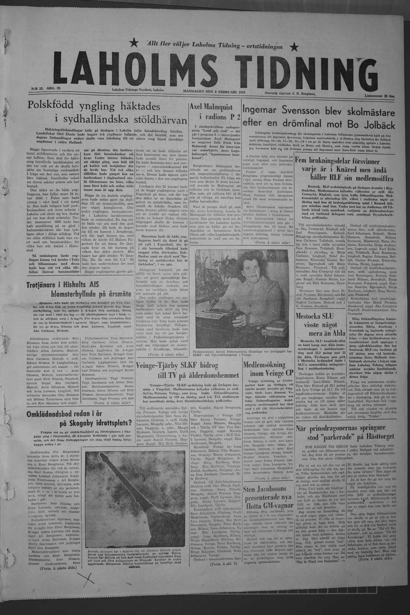 Laholms Tidning Måndag 9 februari 1959, sida 1