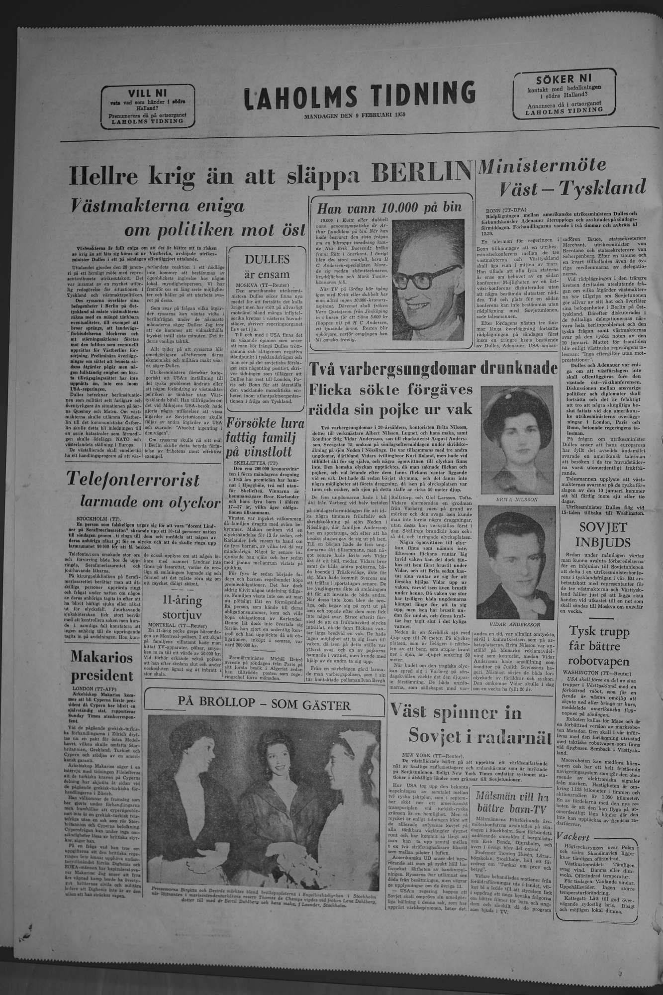 Laholms Tidning Måndag 9 februari 1959, sida 8
