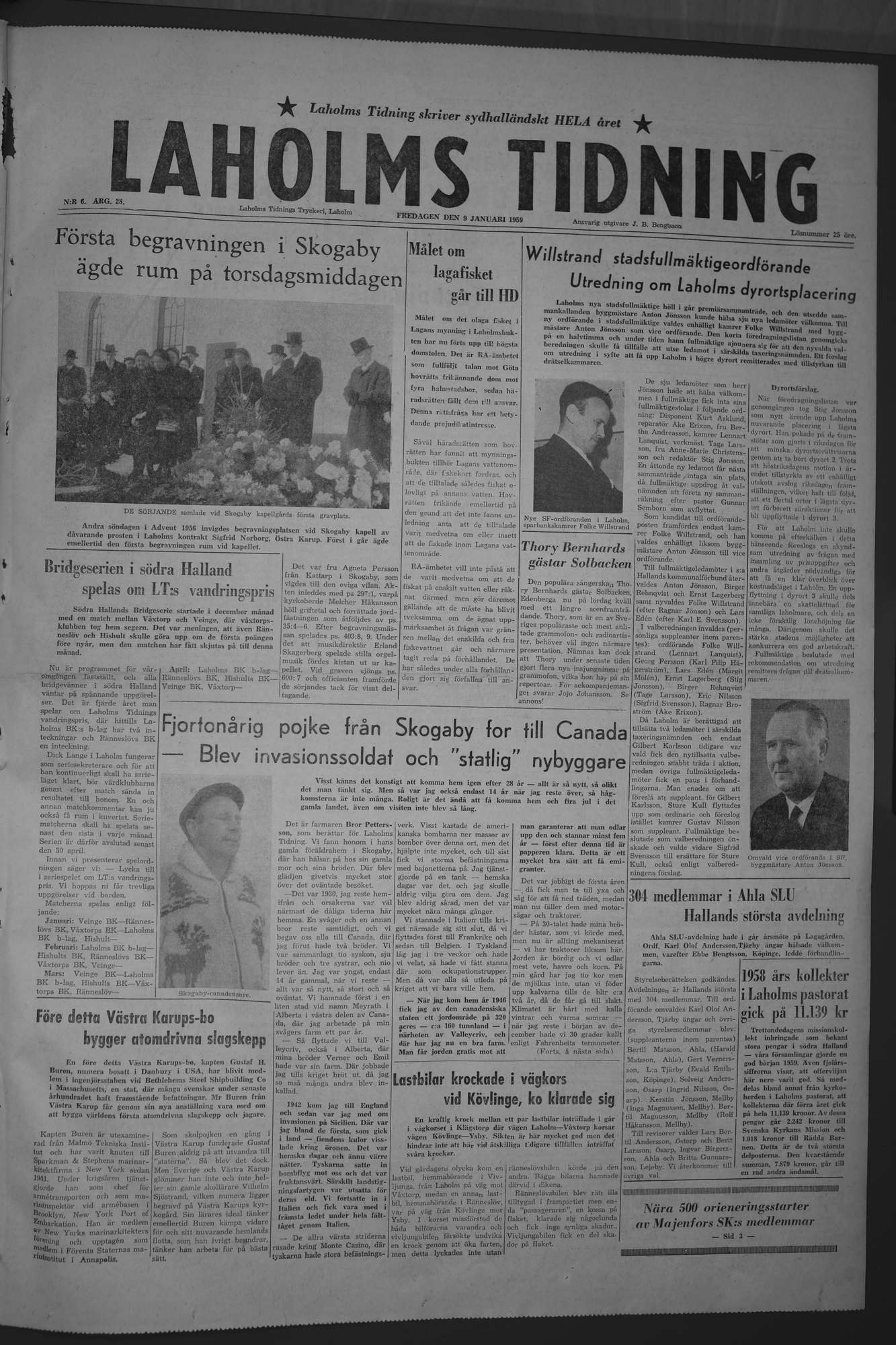 Laholms Tidning Fredag 9 januari 1959, sida 1