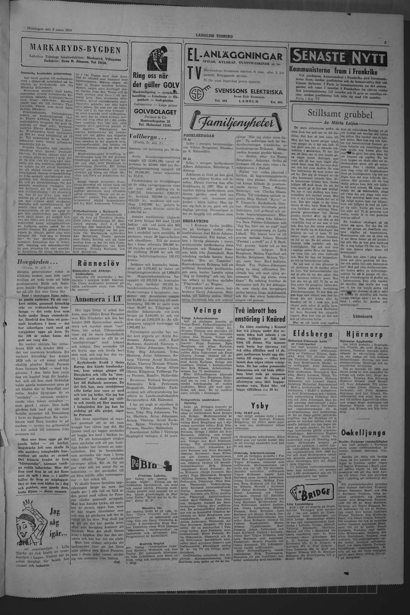 Laholms Tidning Måndag 9 mars 1959, sida 3