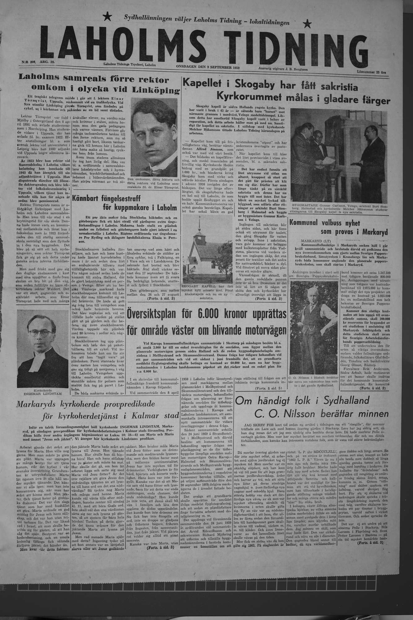 Laholms Tidning Onsdag 9 september 1959, sida 1