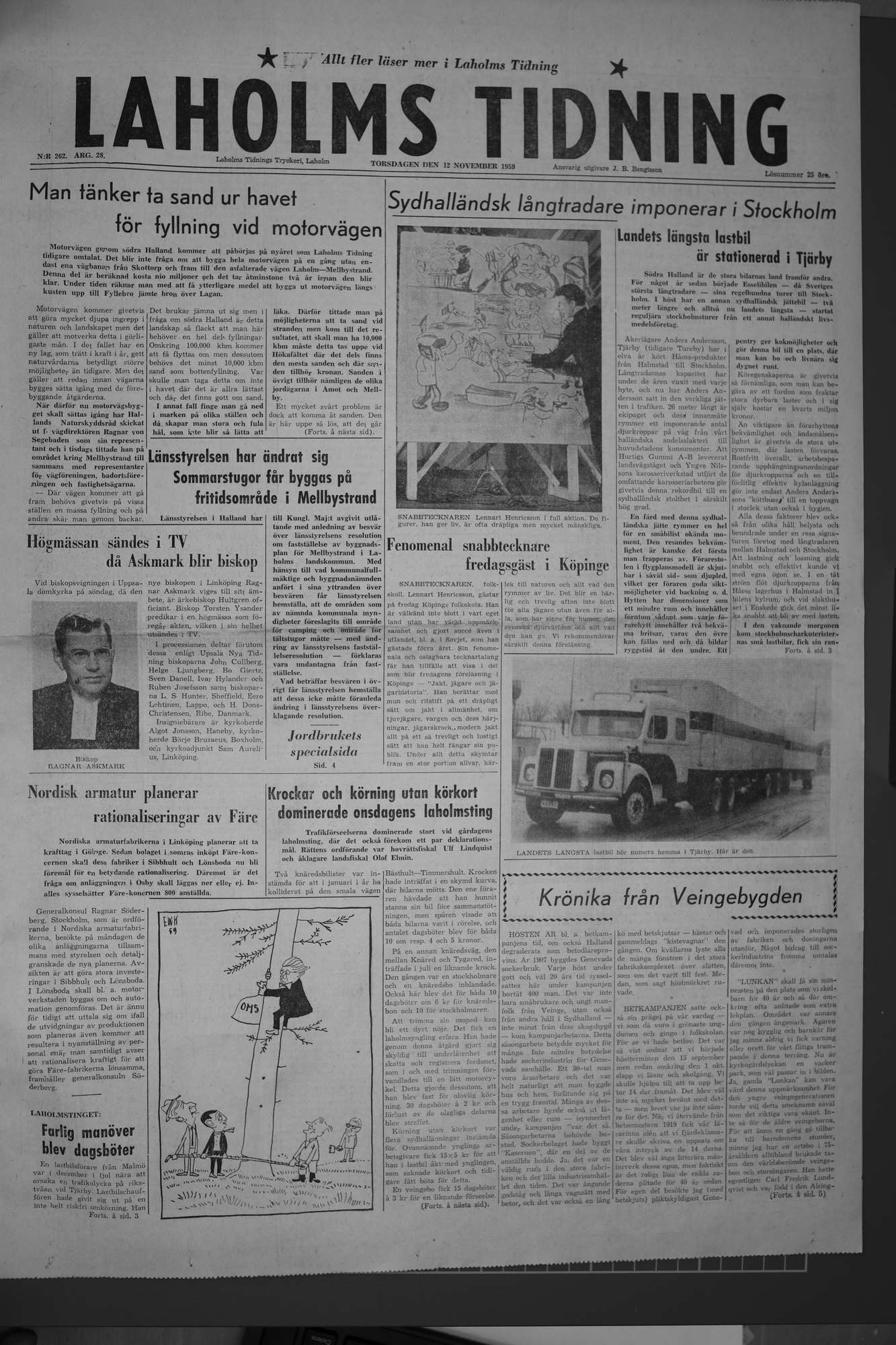 Laholms Tidning Torsdag 12 november 1959, sida 1