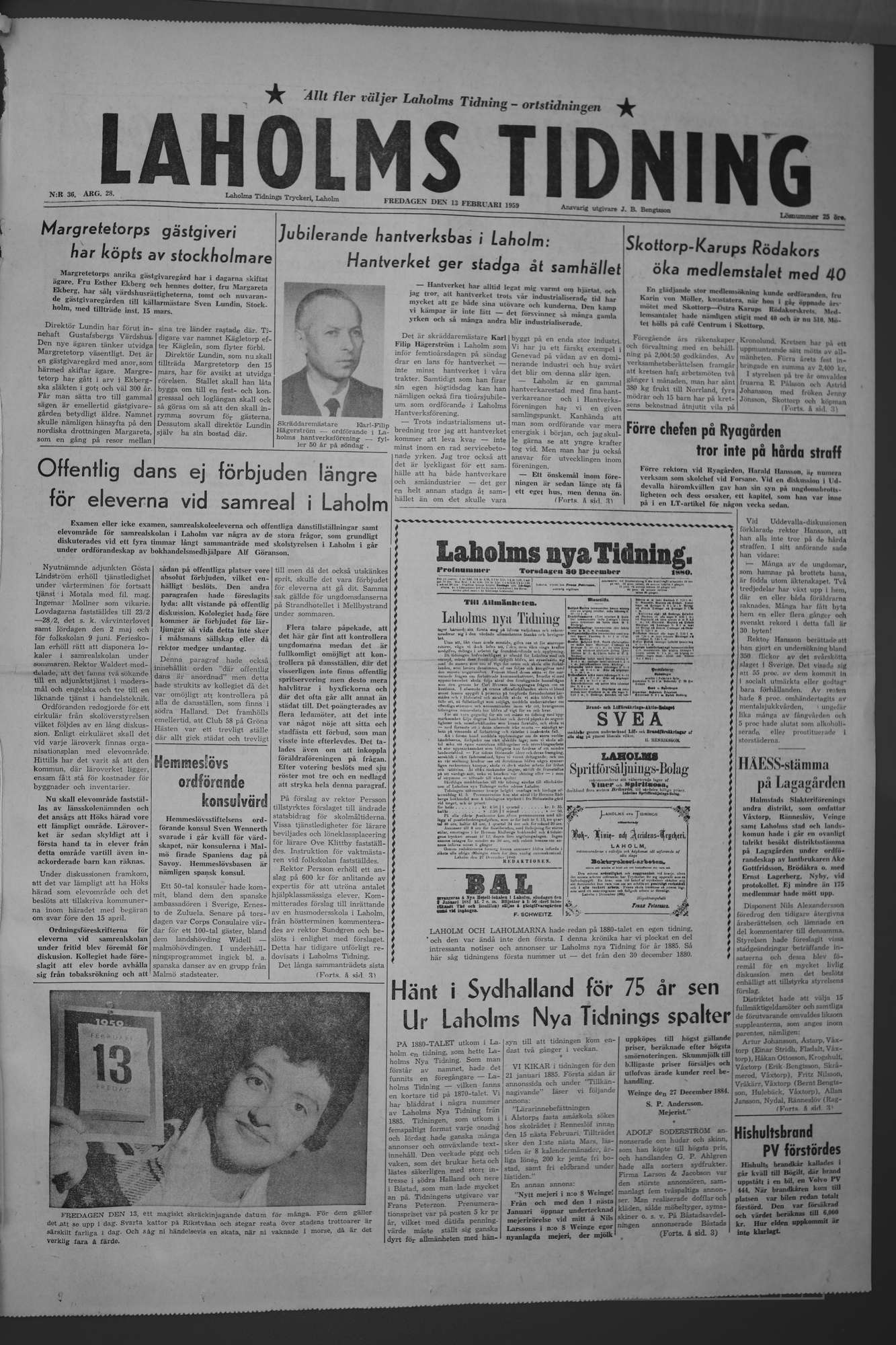 Laholms Tidning Fredag 13 februari 1959, sida 1