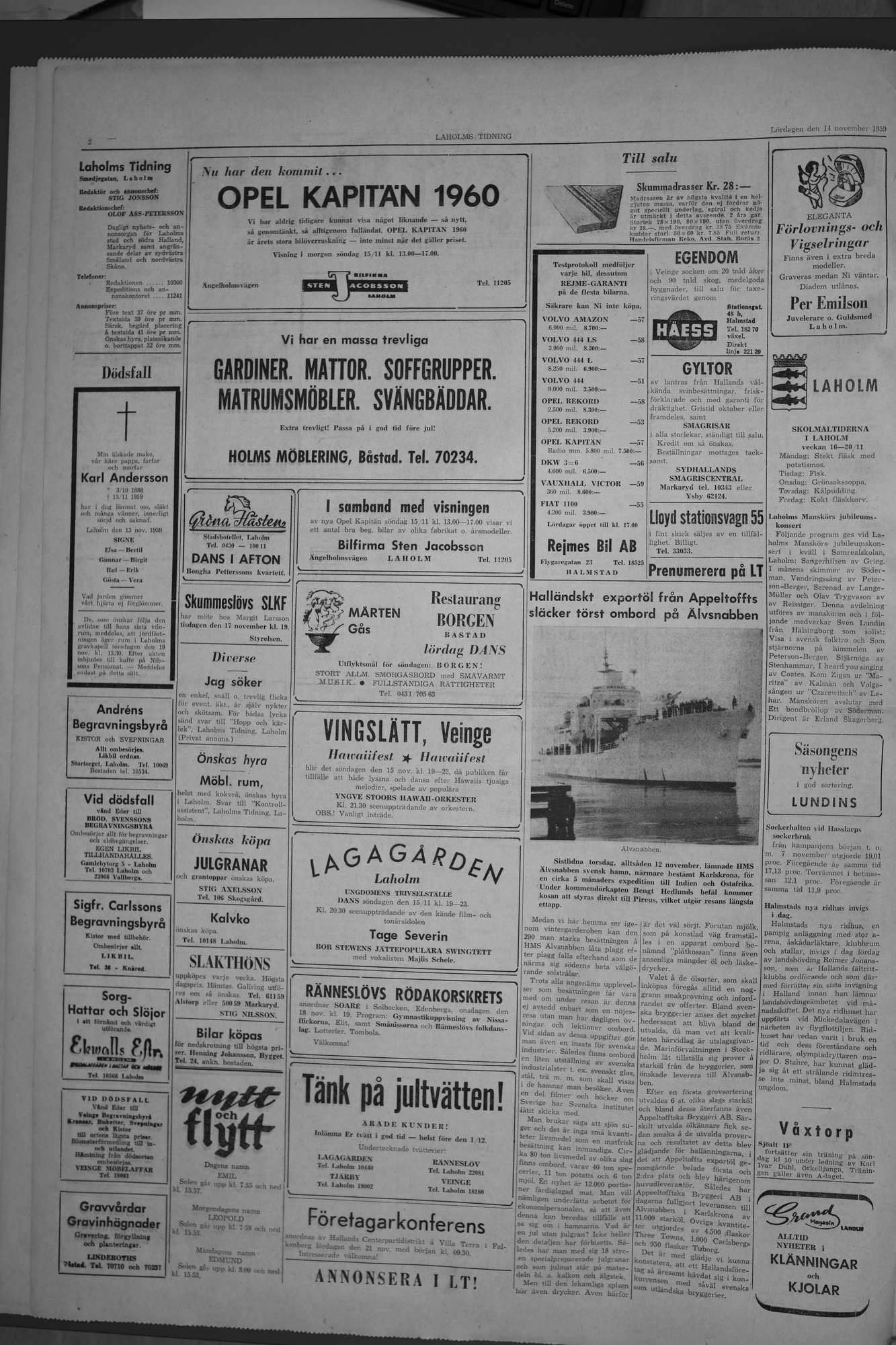 Laholms Tidning Lördag 14 november 1959, sida 2