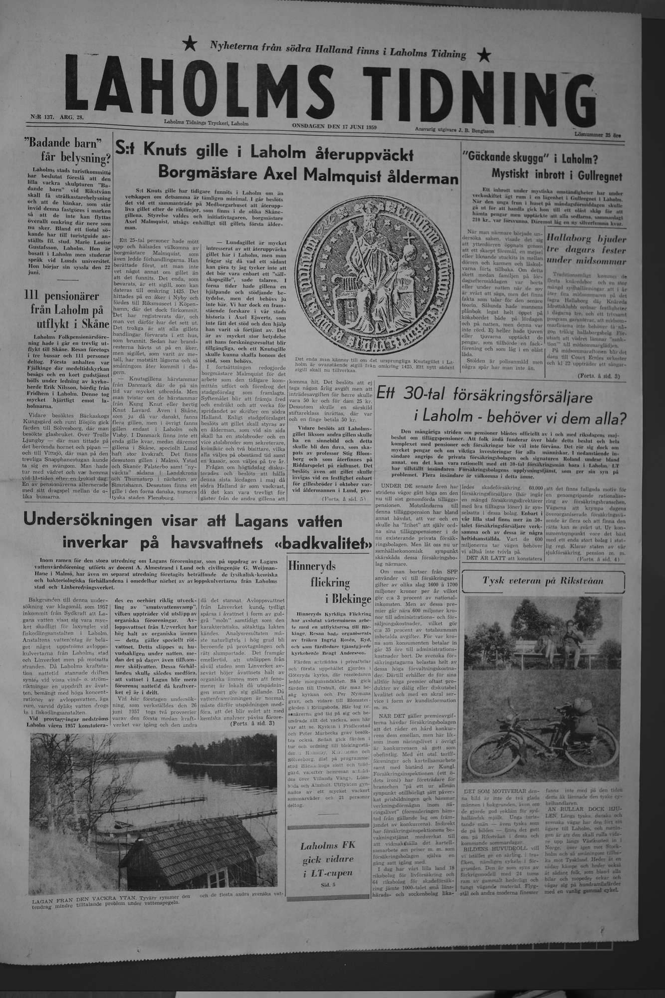 Laholms Tidning Onsdag 17 juni 1959, sida 1