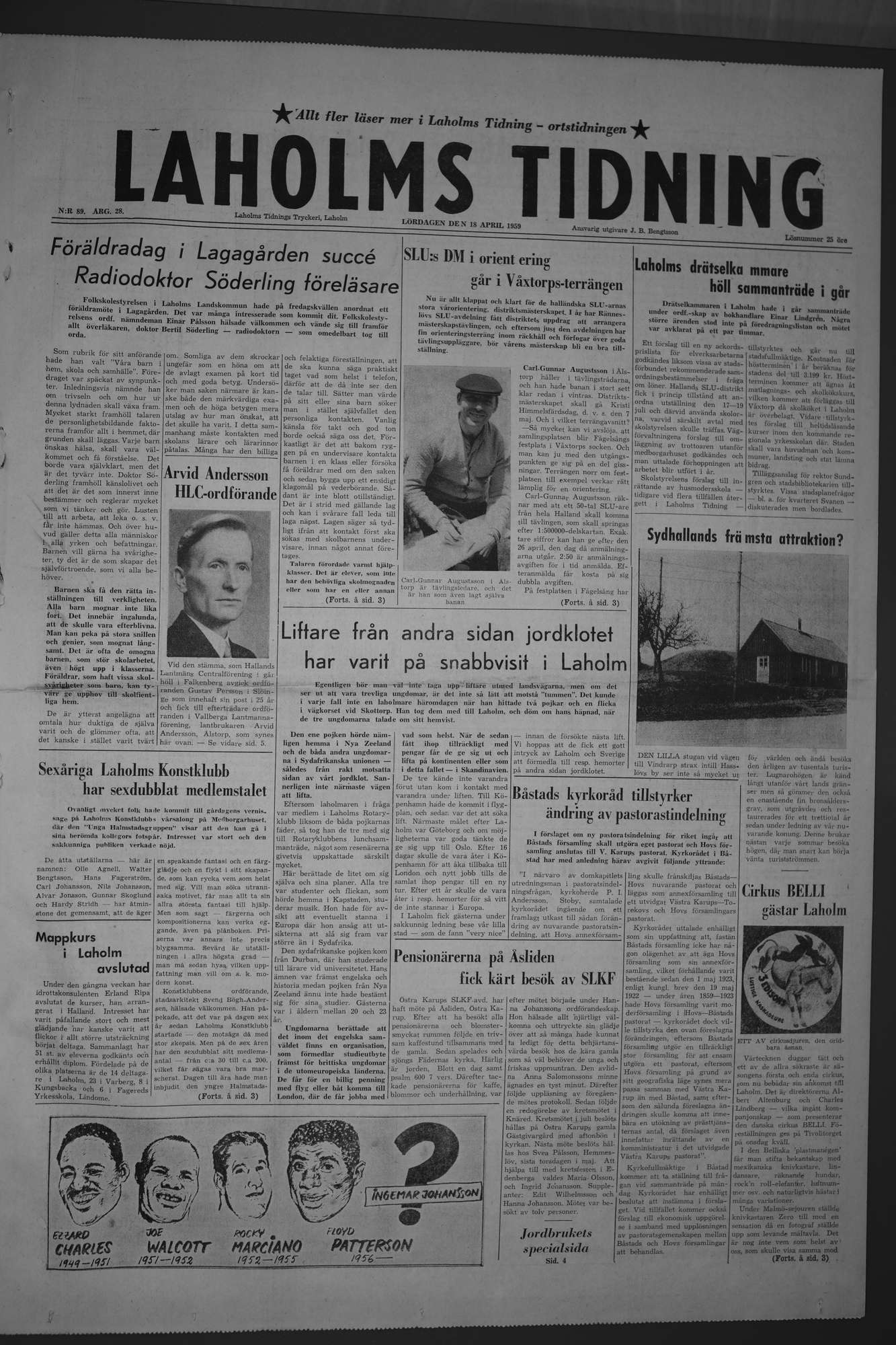 Laholms Tidning Lördag 18 april 1959, sida 1