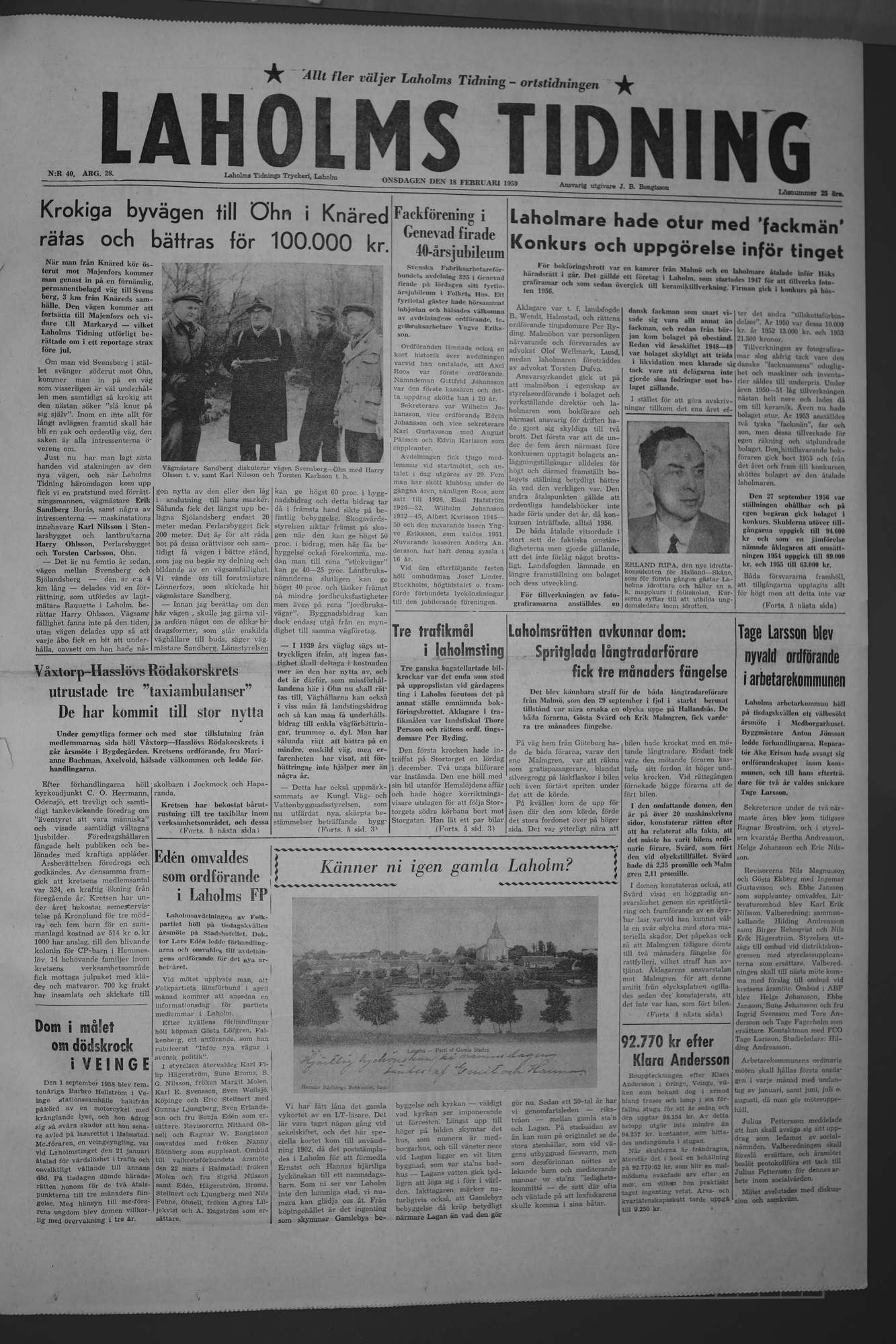 Laholms Tidning Onsdag 18 februari 1959, sida 1