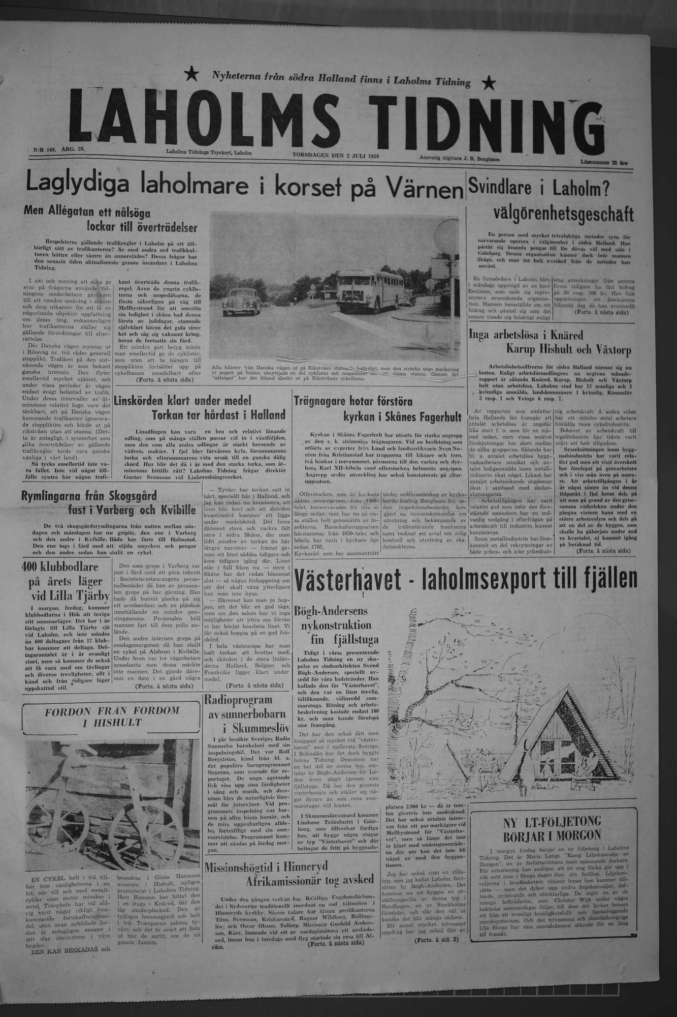 Laholms Tidning Torsdag 2 juli 1959, sida 1