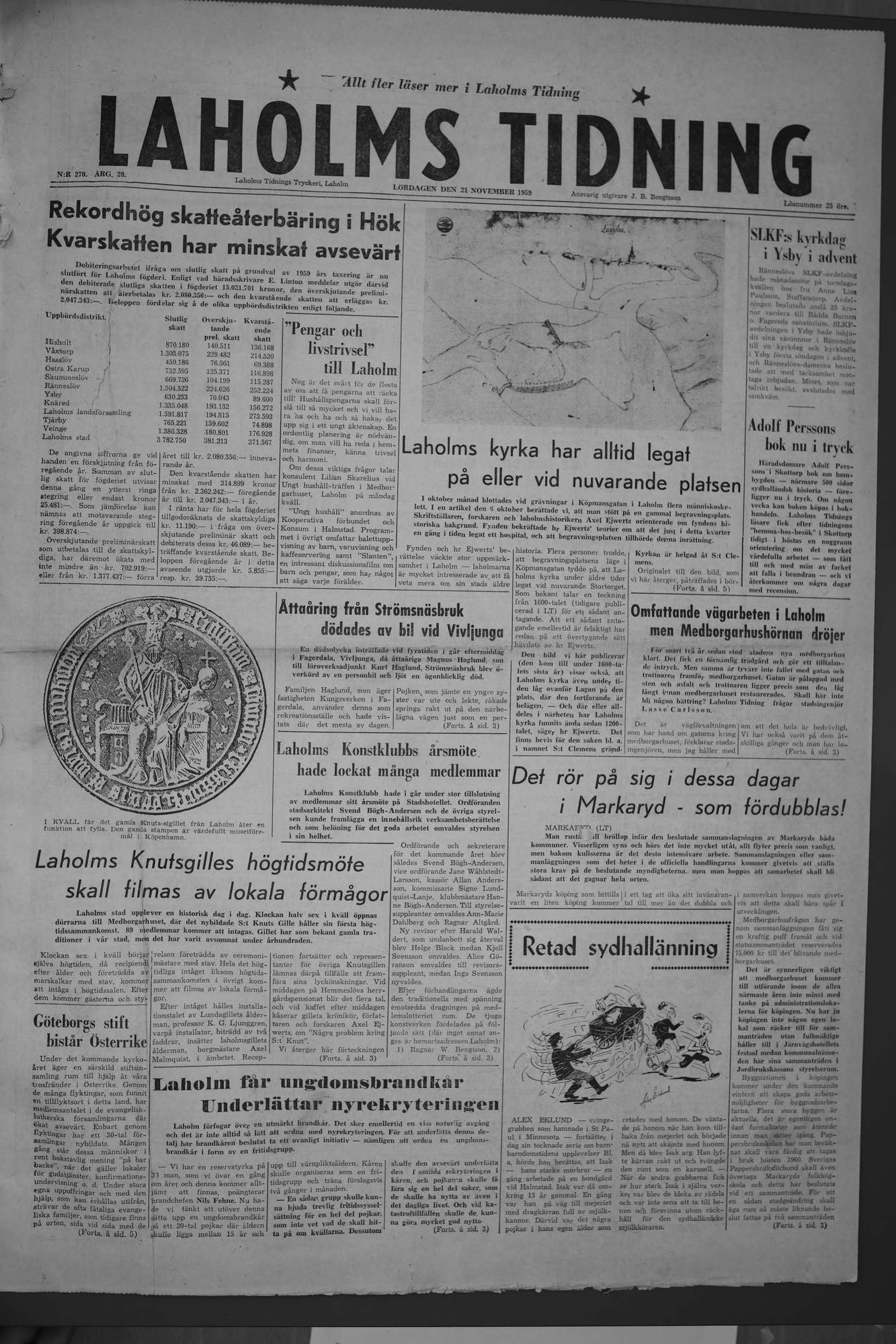 Laholms Tidning Lördag 21 november 1959, sida 1