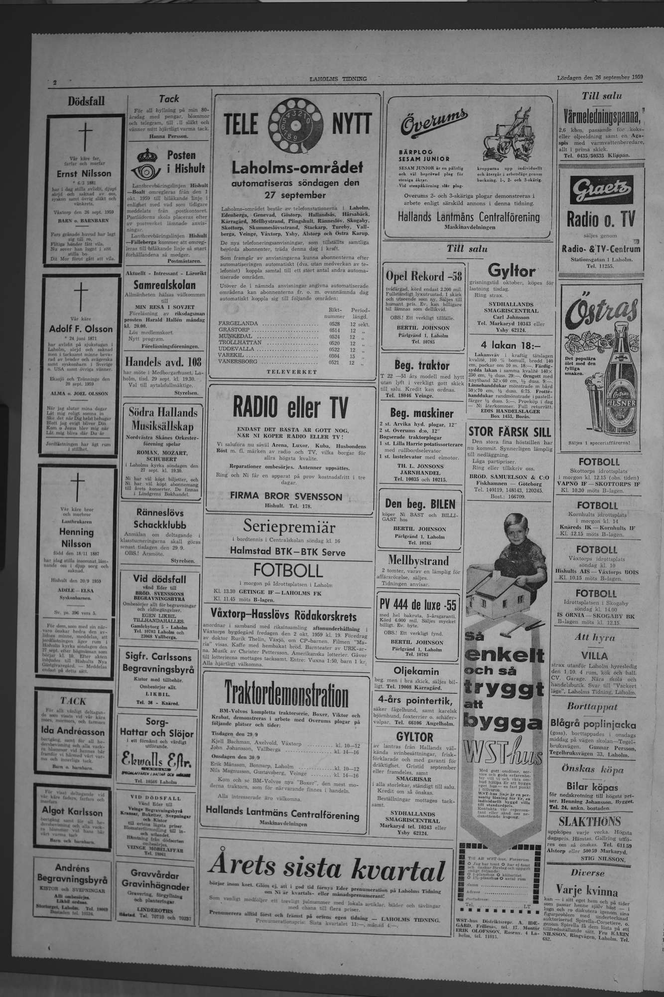 Laholms Tidning Lördag 26 september 1959, sida 2