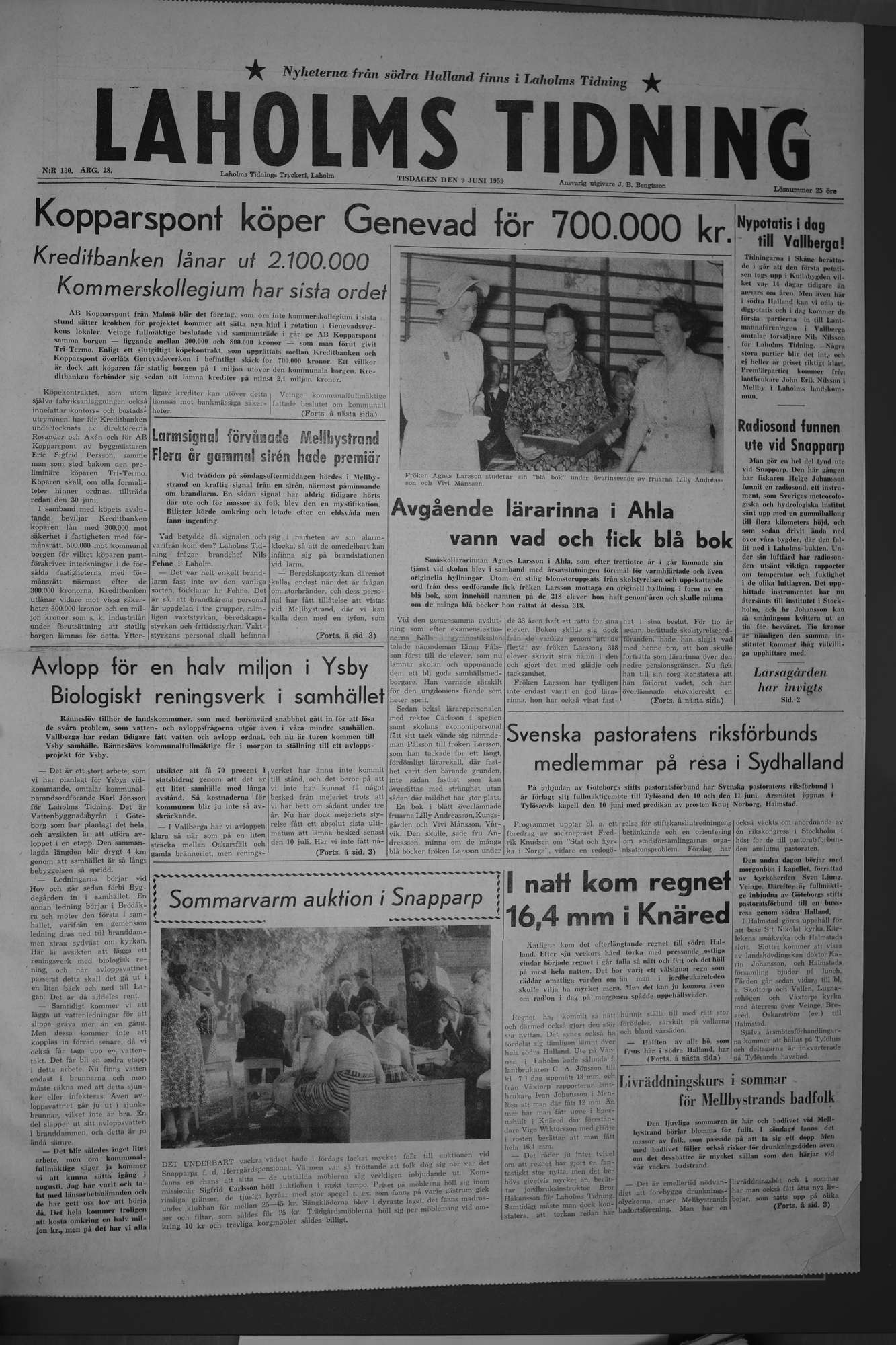 Laholms Tidning Tisdag 9 juni 1959, sida 1