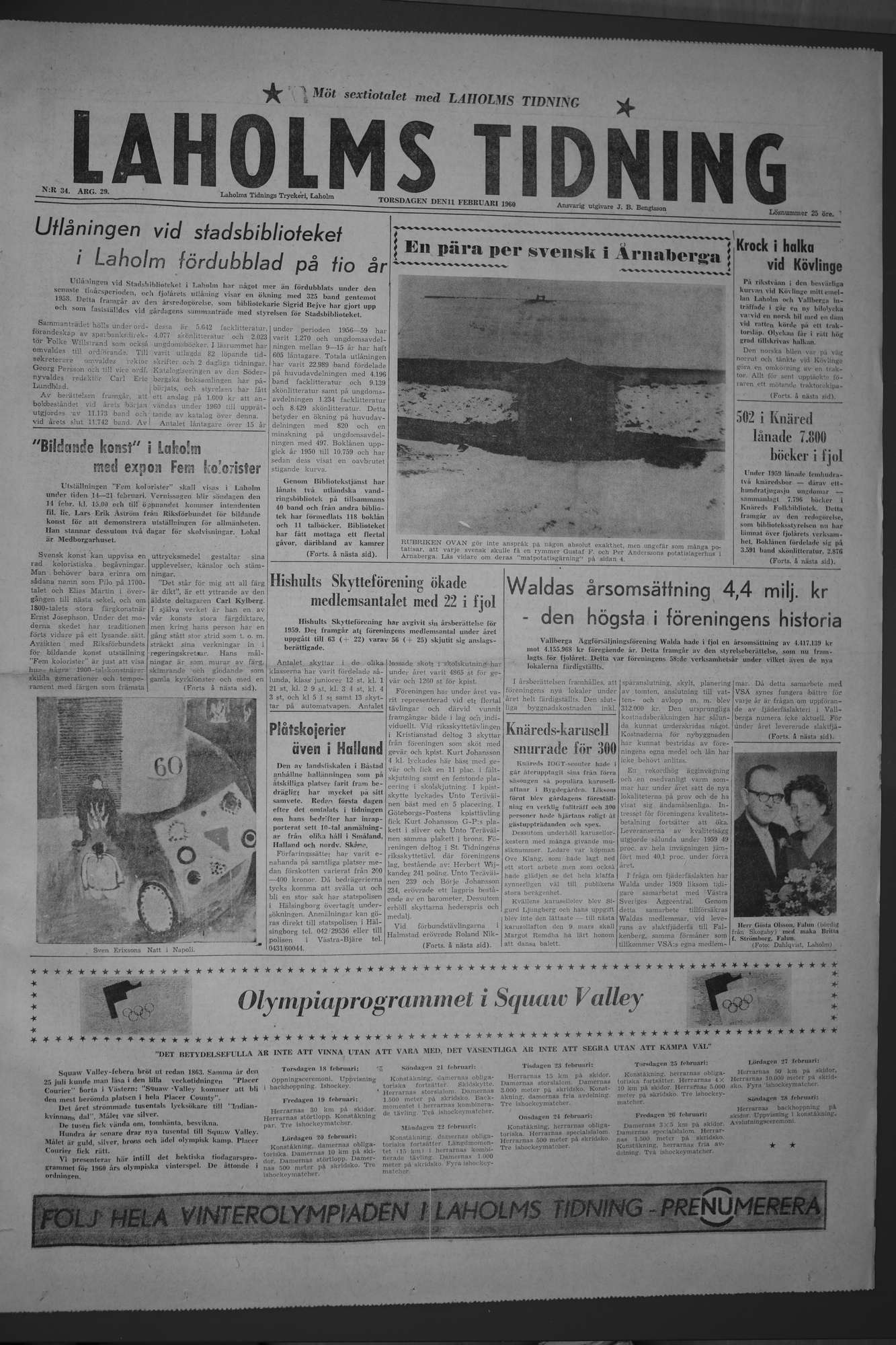 Laholms Tidning Torsdag 11 februari 1960, sida 1