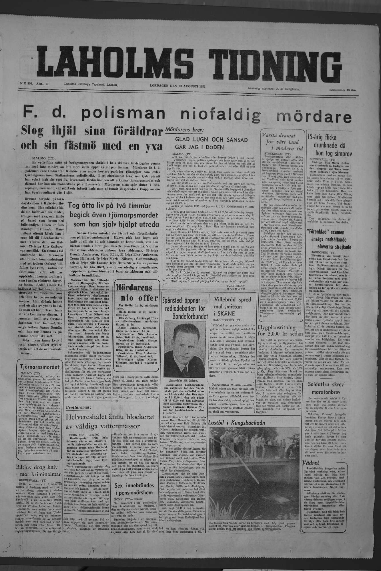 Laholms Tidning Lördag 23 augusti 1952, sida 1