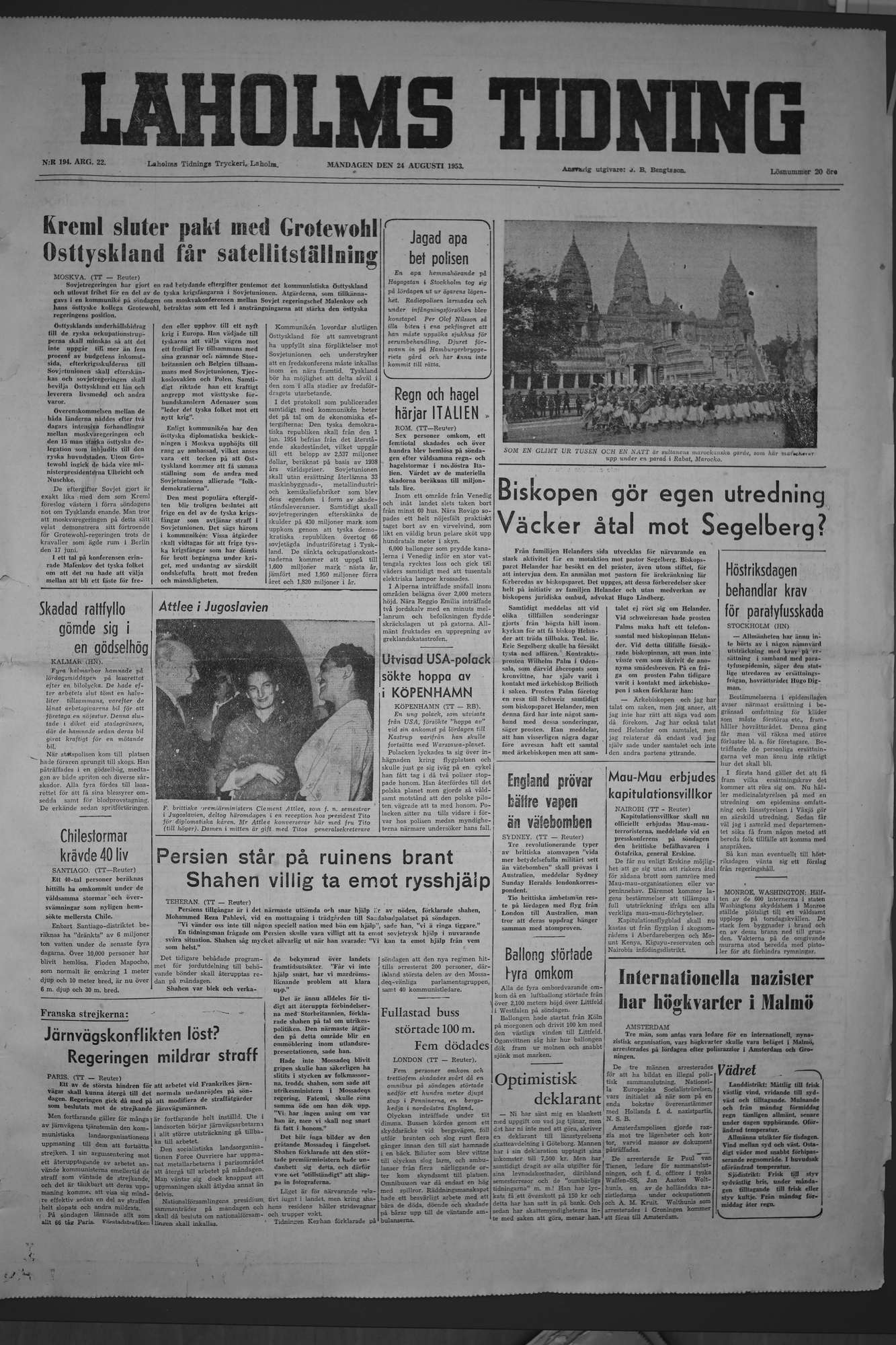 Laholms Tidning Måndag 24 augusti 1953, sida 1