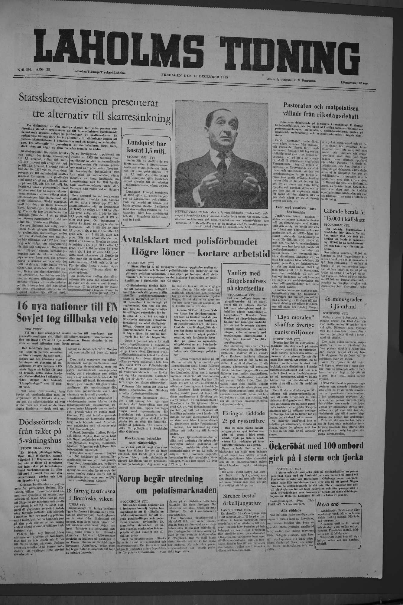 Laholms Tidning Fredag 16 december 1955, sida 1