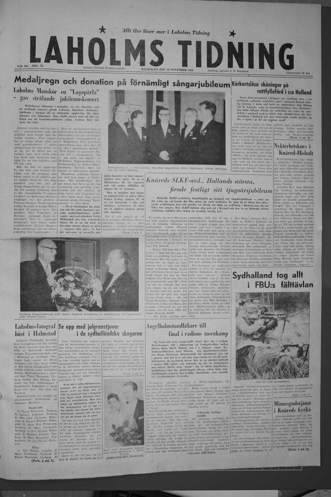 Laholms Tidning Måndag 16 november 1959, sida 1