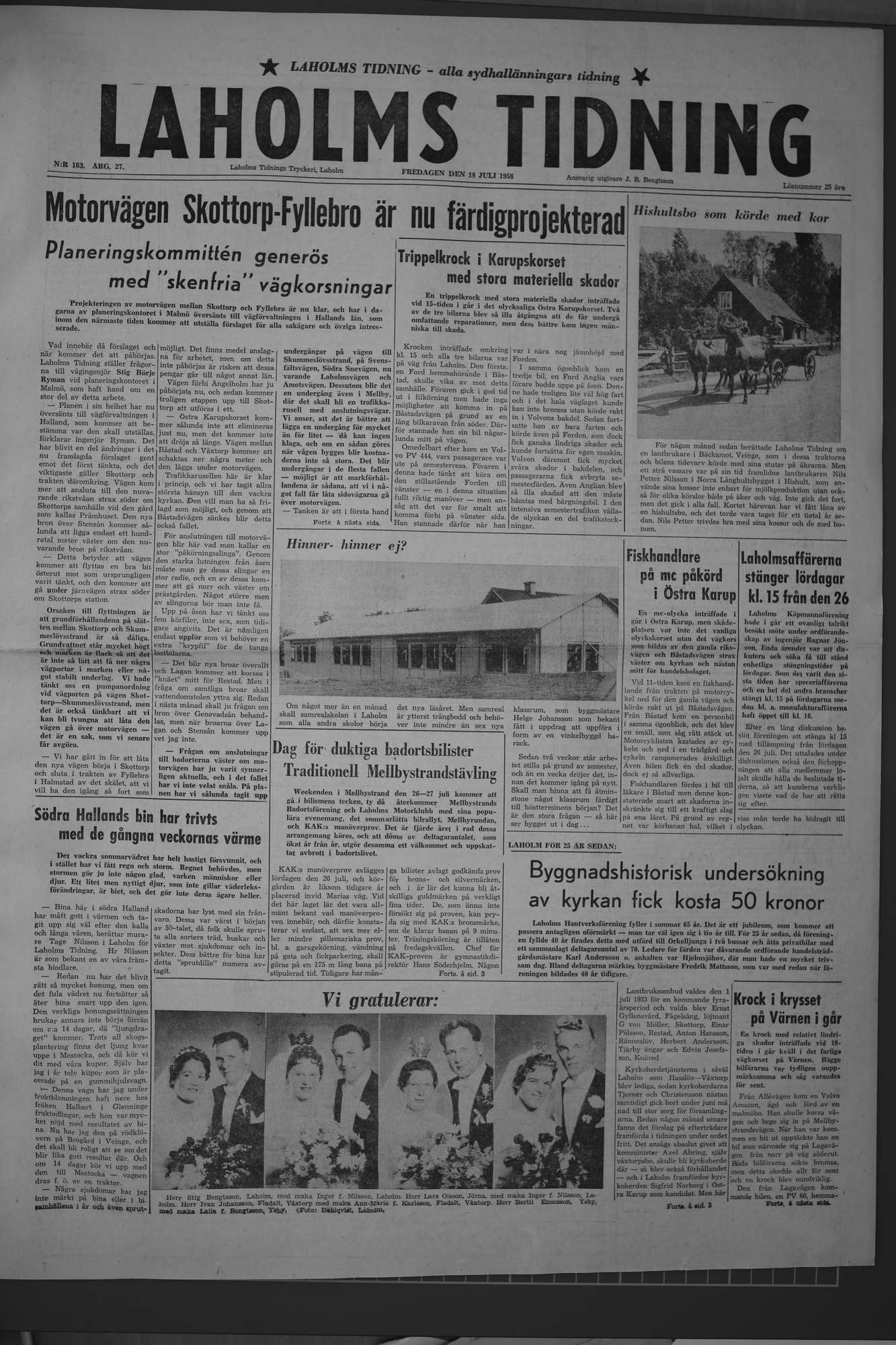 Laholms Tidning Fredag 18 juli 1958, sida 1