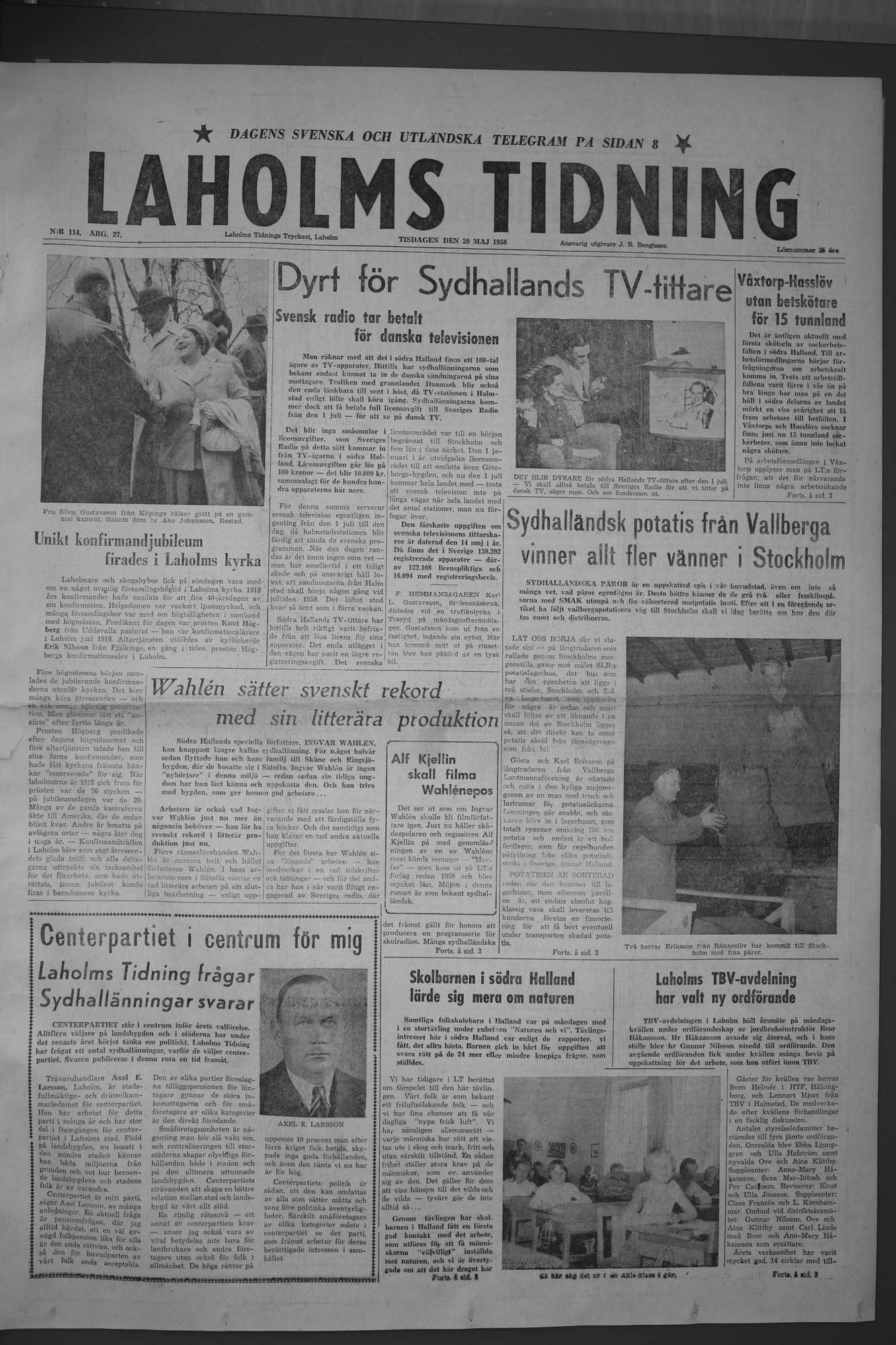 Laholms Tidning Tisdag 20 maj 1958, sida 1
