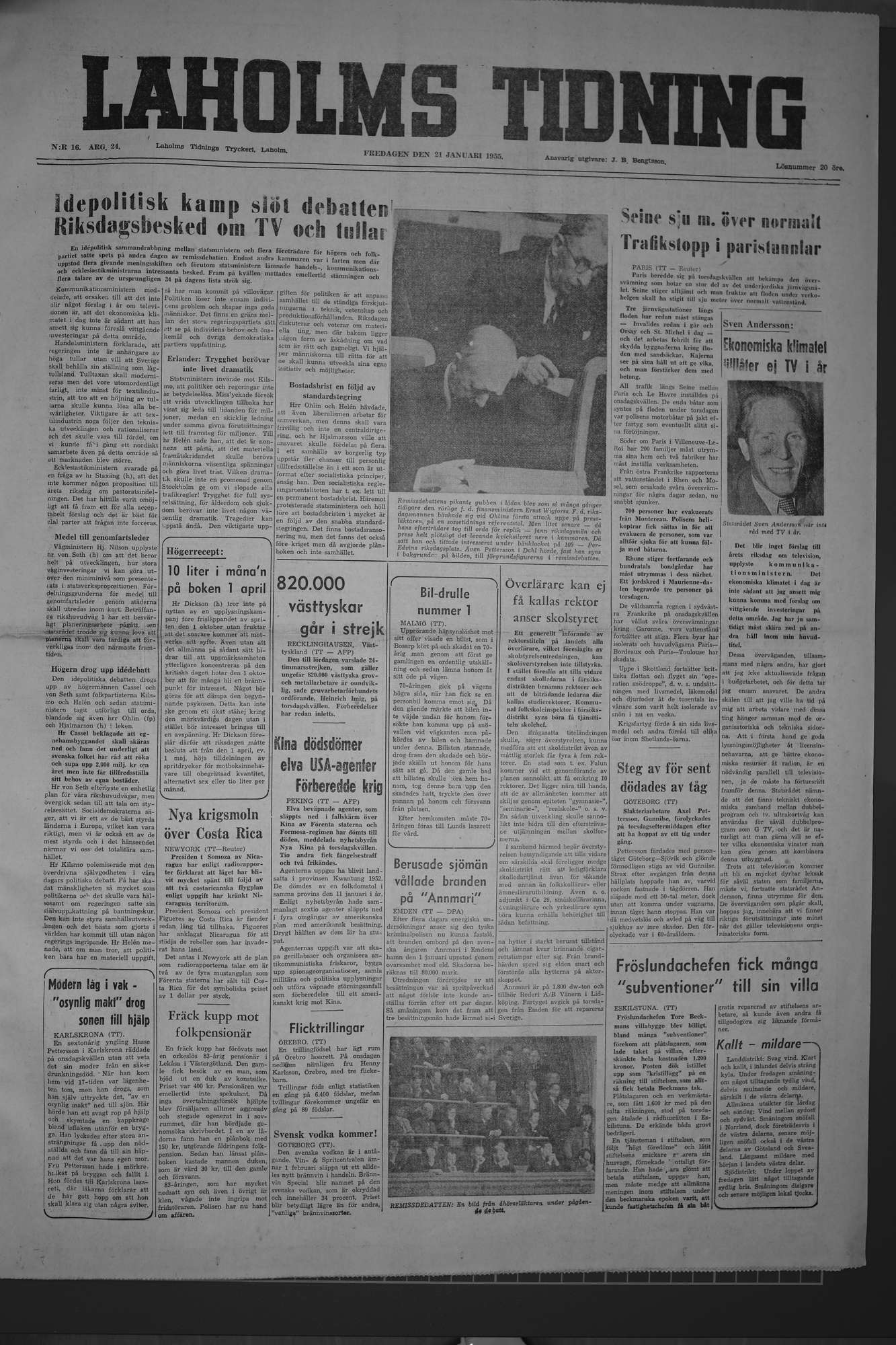 Laholms Tidning Fredag 21 januari 1955, sida 1