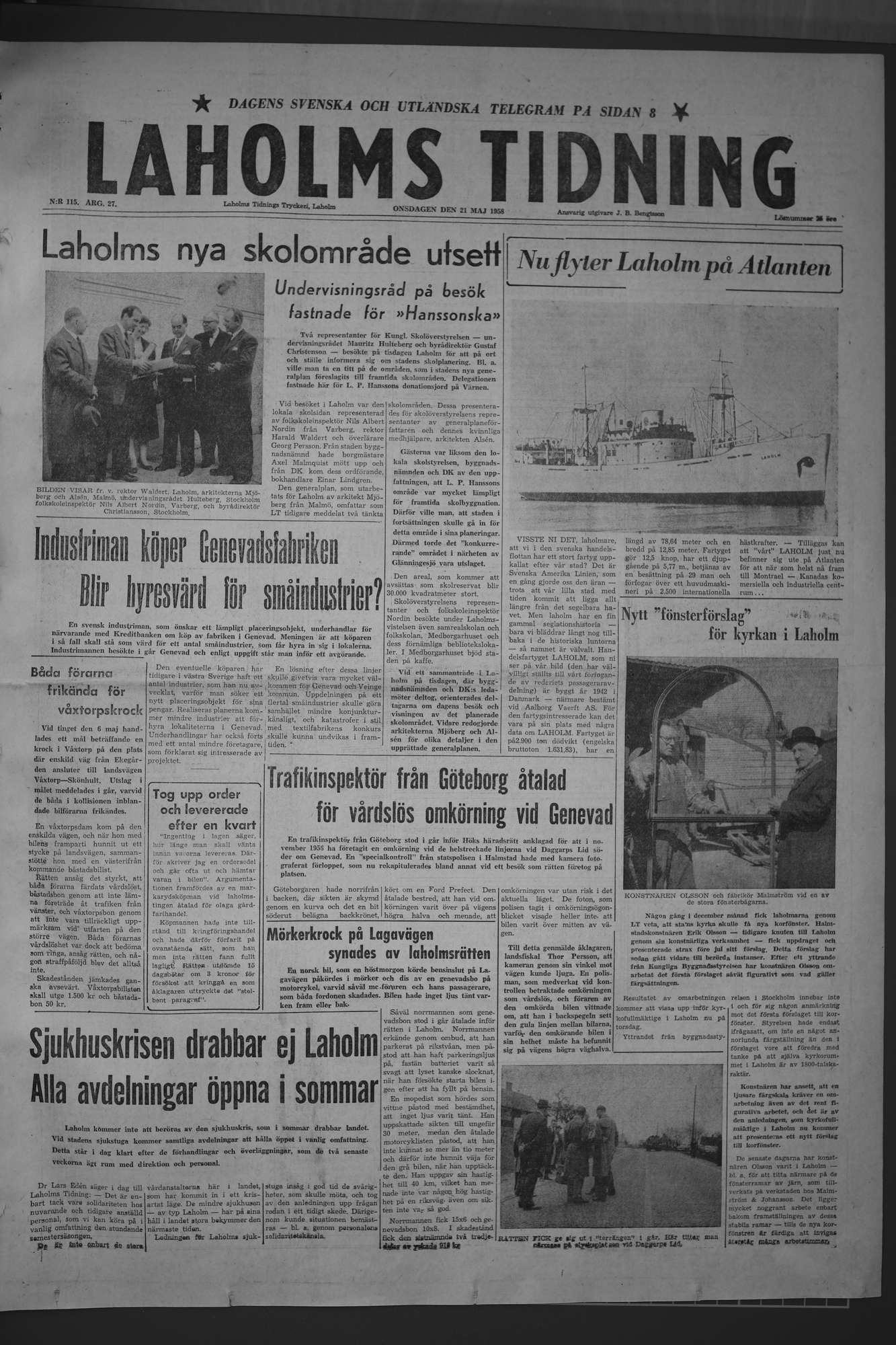 Laholms Tidning Onsdag 21 maj 1958, sida 1