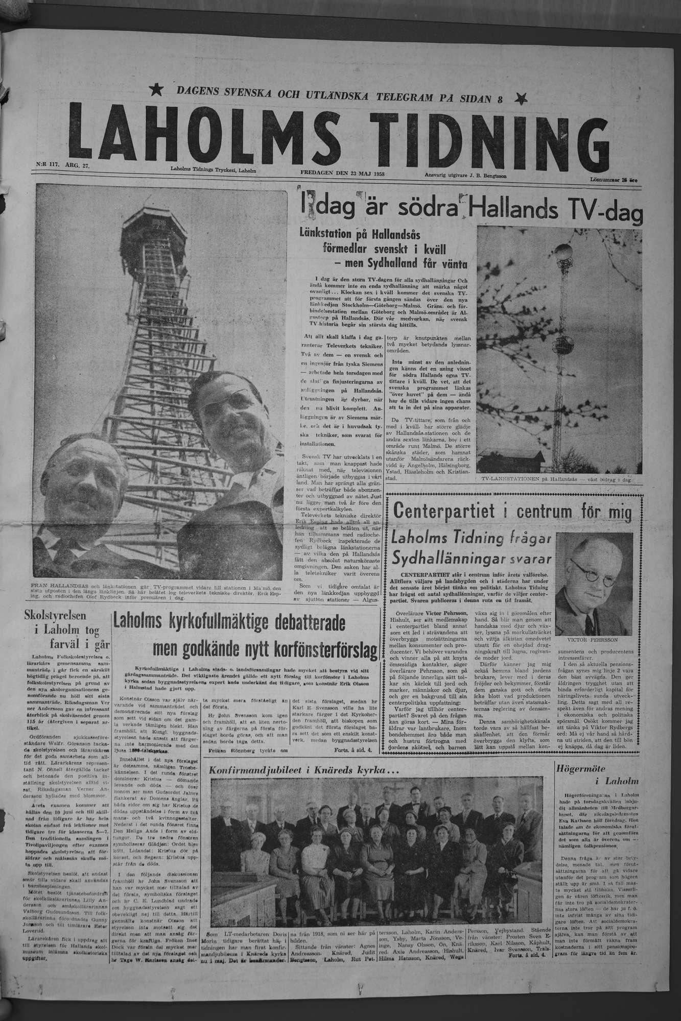 Laholms Tidning Fredag 23 maj 1958, sida 1