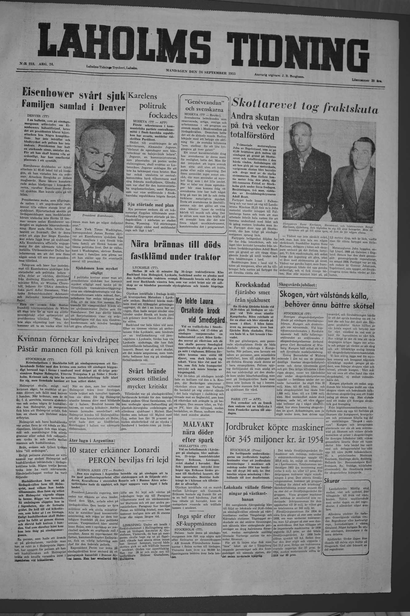 Laholms Tidning Måndag 26 september 1955, sida 1