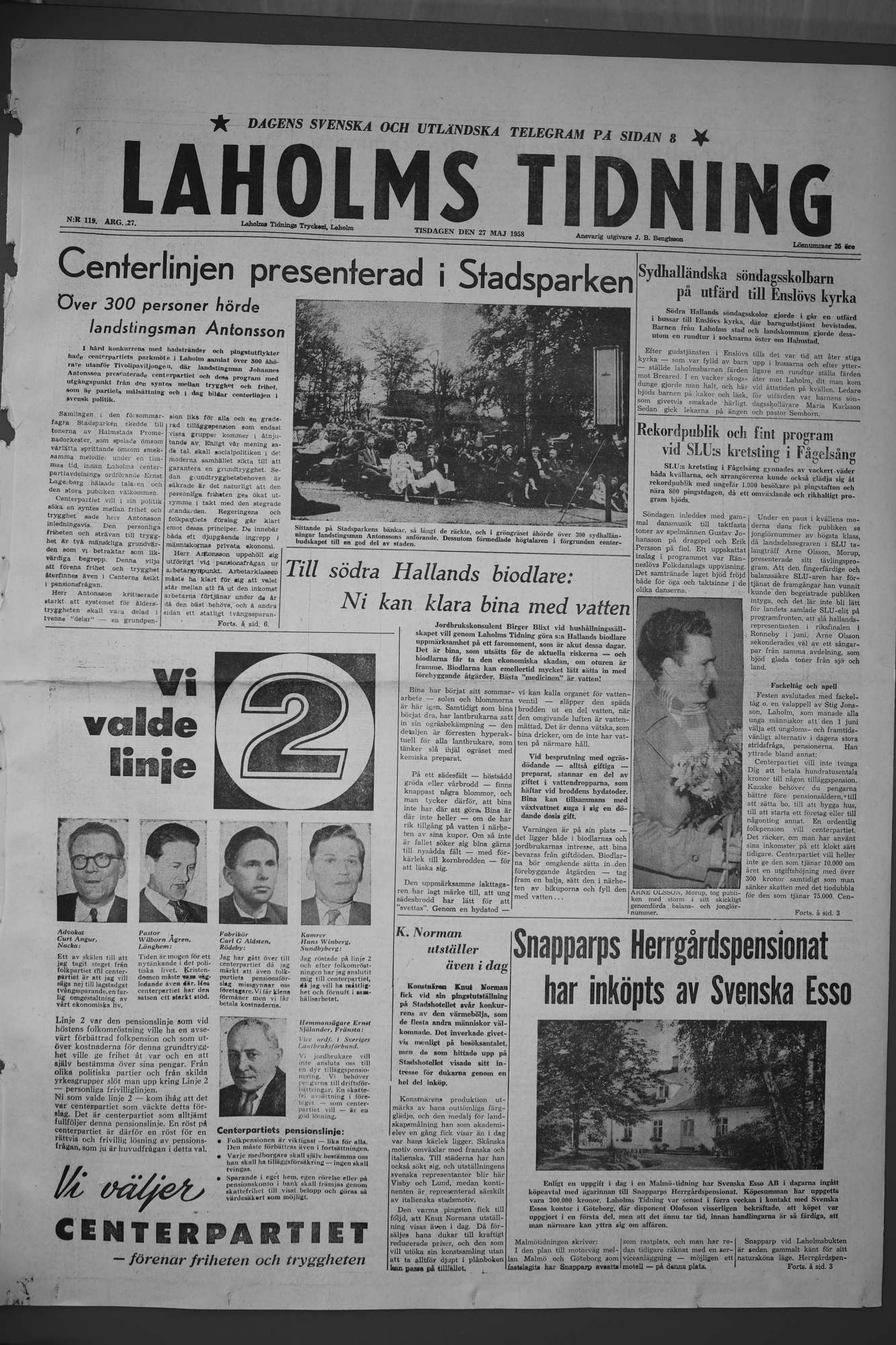 Laholms Tidning Tisdag 27 maj 1958, sida 1