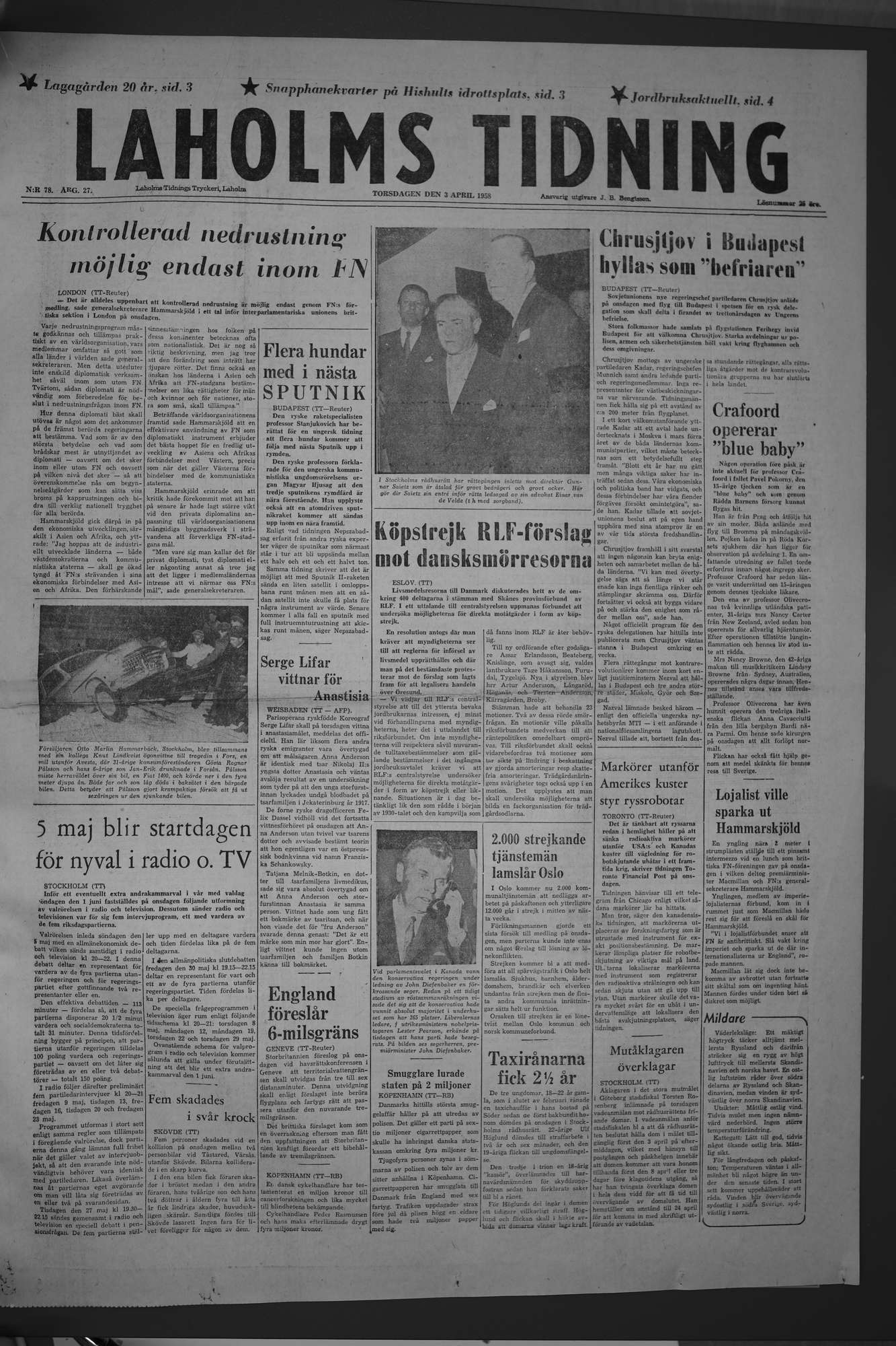 Laholms Tidning Torsdag 3 april 1958, sida 1