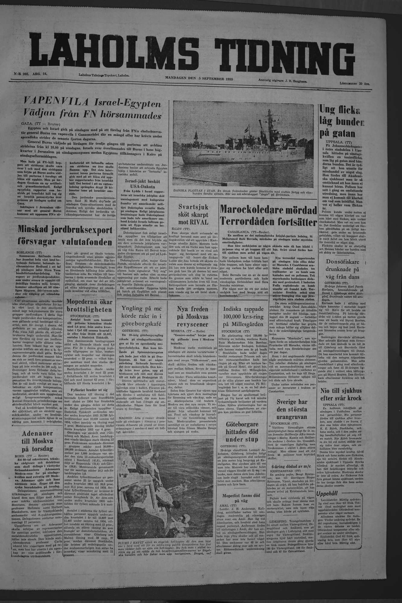 Laholms Tidning Måndag 5 september 1955, sida 1