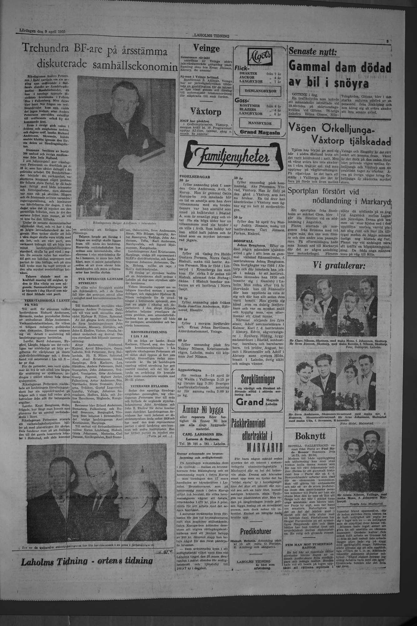 Laholms Tidning Lördag 9 april 1955, sida 3