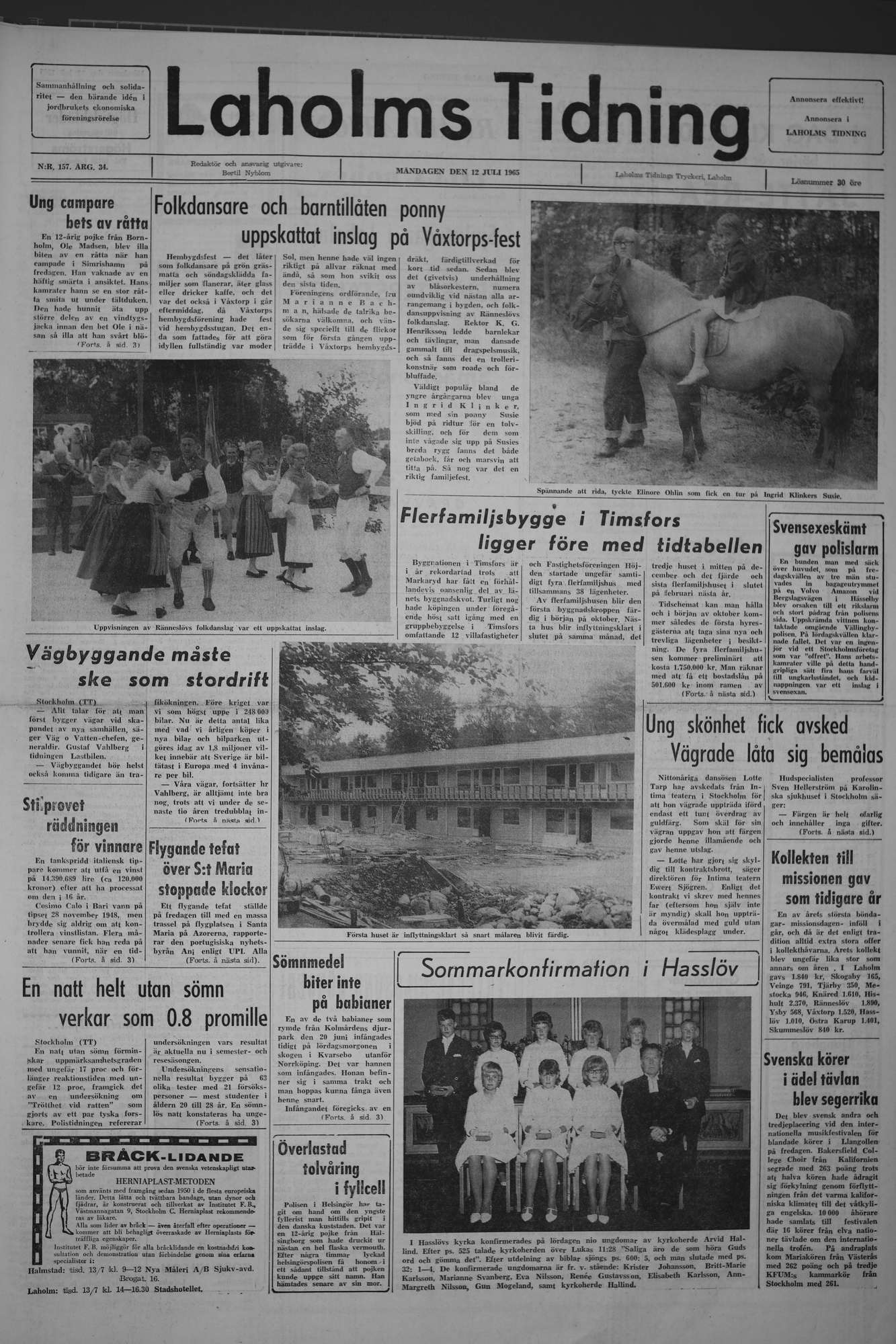 Laholms Tidning Måndag 12 juli 1965, sida 1