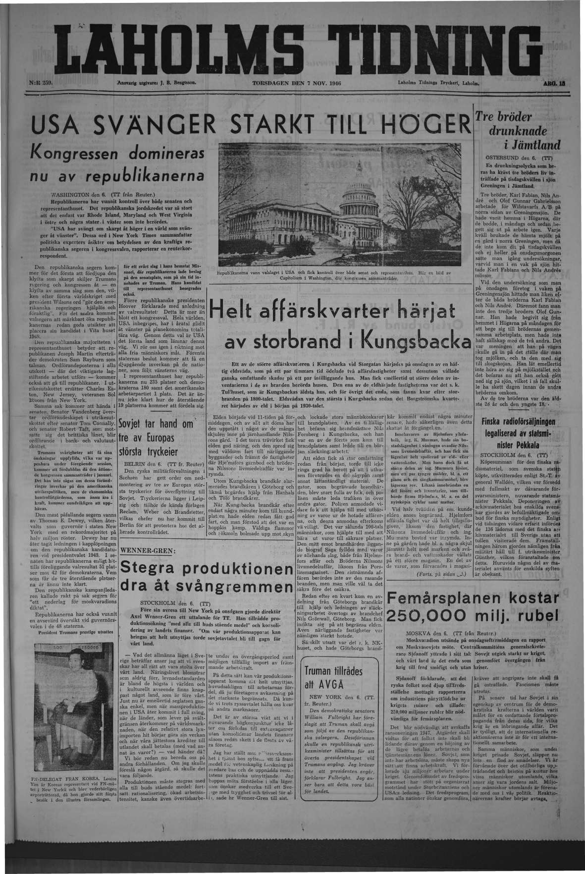 Laholms Tidning Torsdag 7 november 1946, sida 1