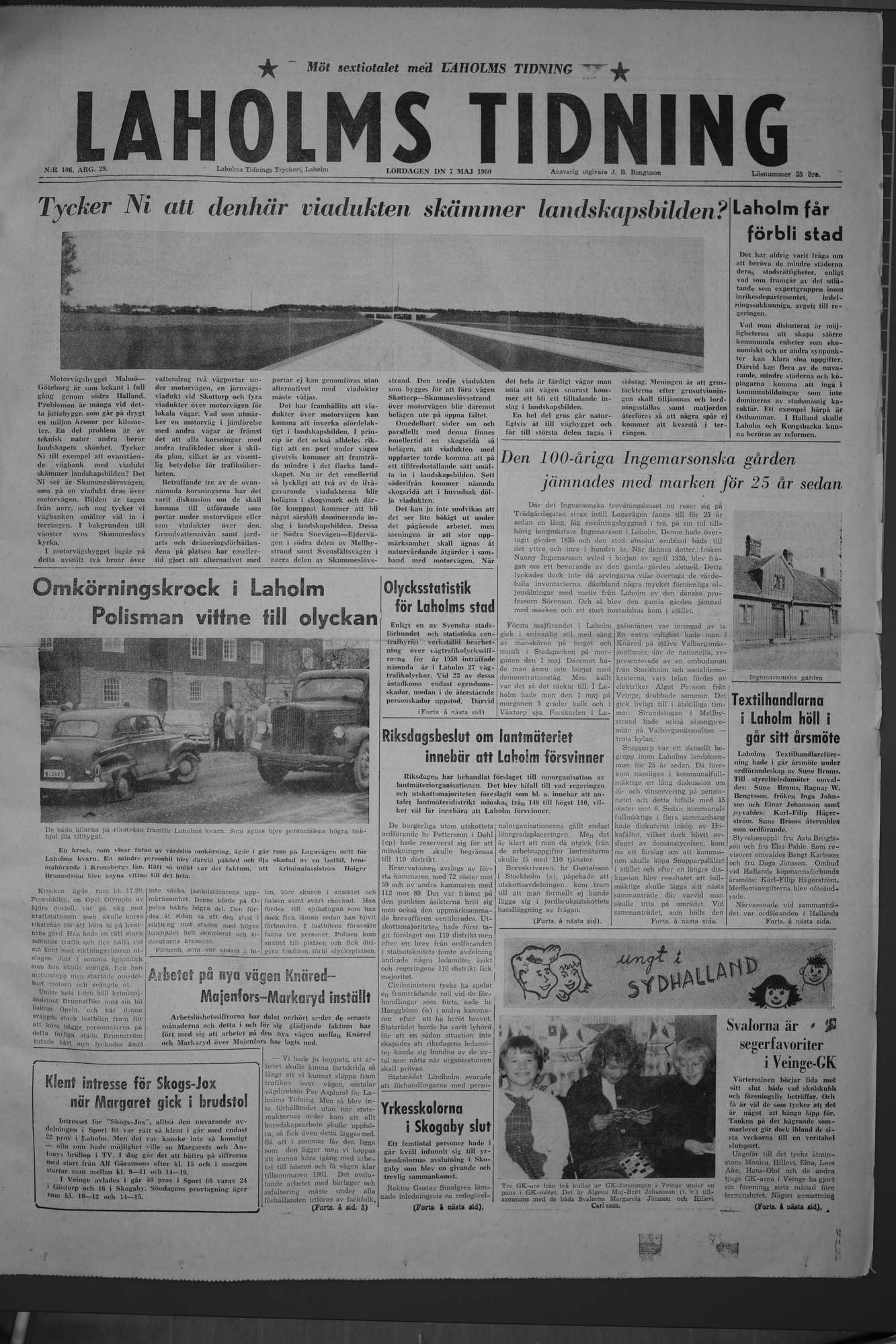 Laholms Tidning Lördag 7 maj 1960, sida 1