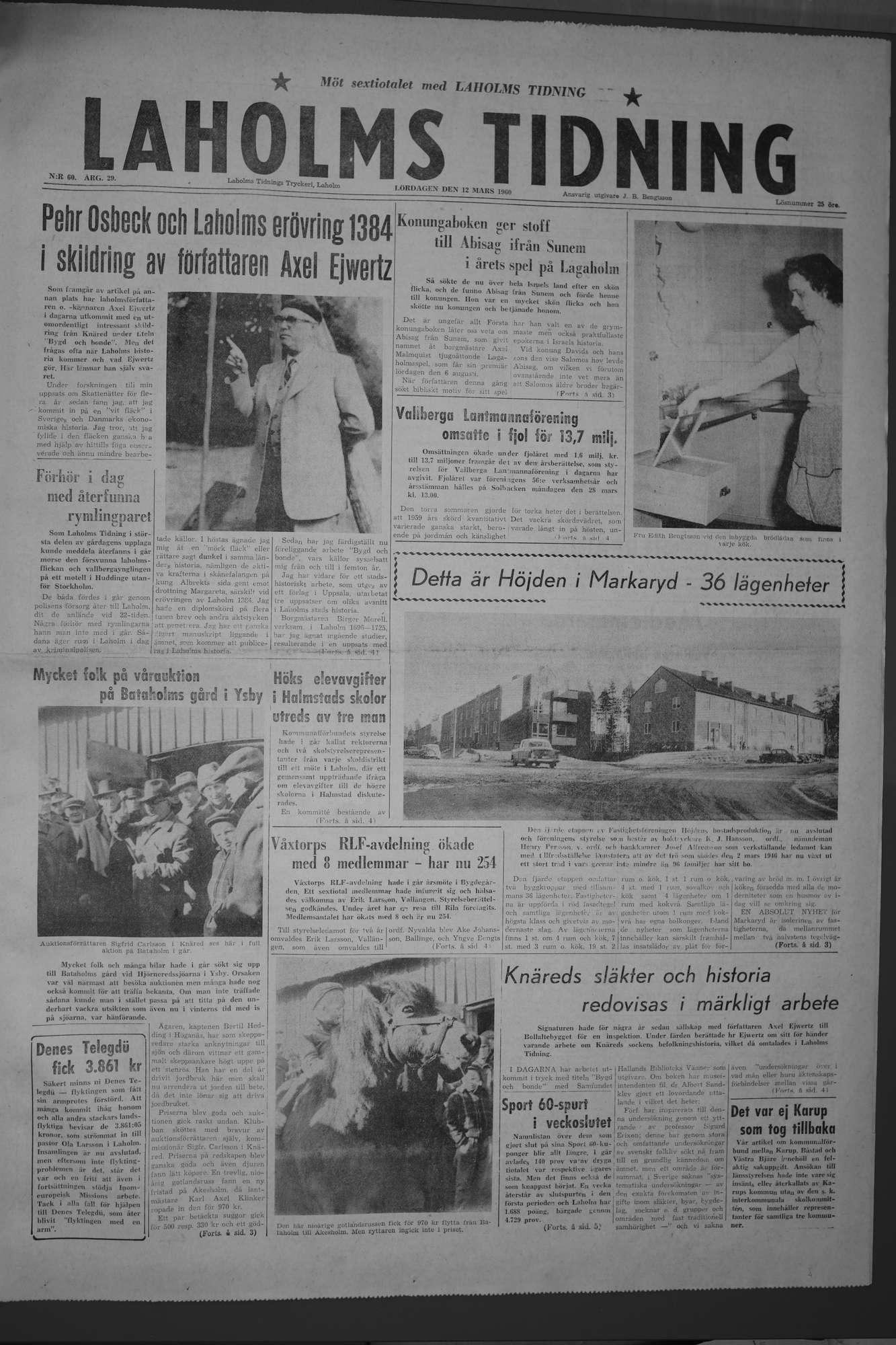 Laholms Tidning Lördag 12 mars 1960, sida 1