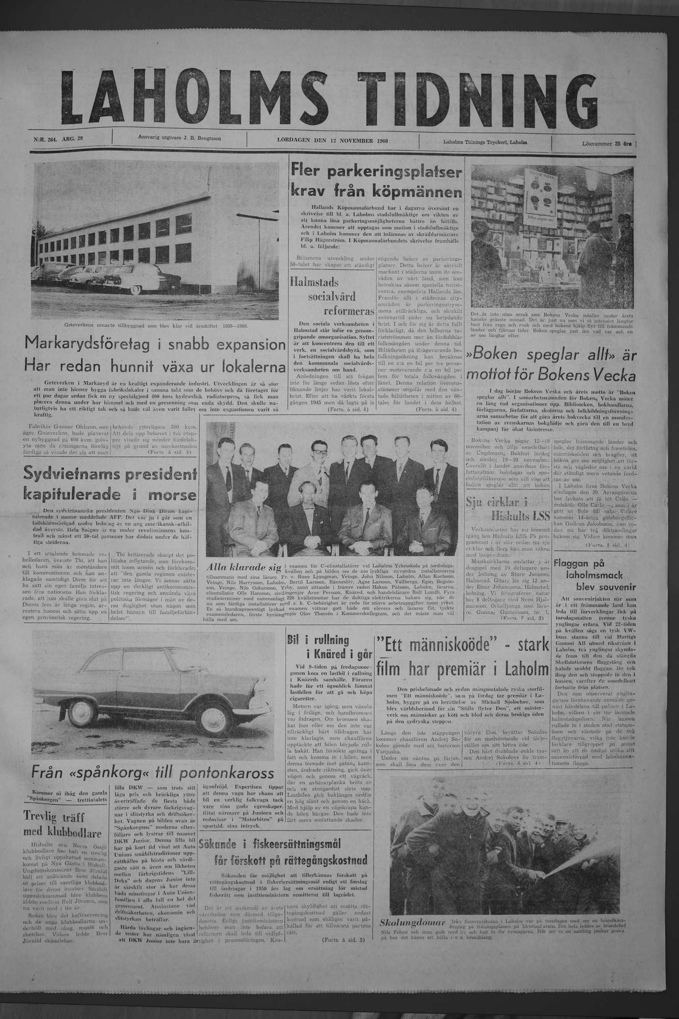 Laholms Tidning Lördag 12 november 1960, sida 1