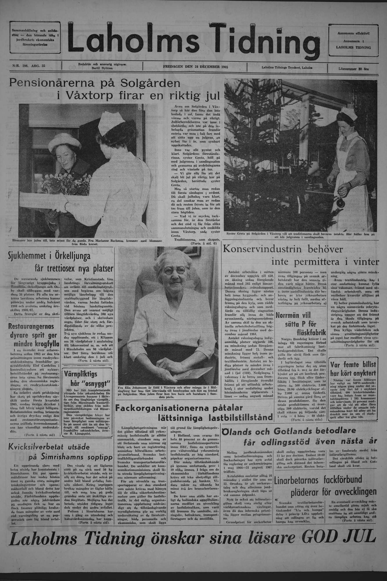 Laholms Tidning Fredag 24 december 1965, sida 1