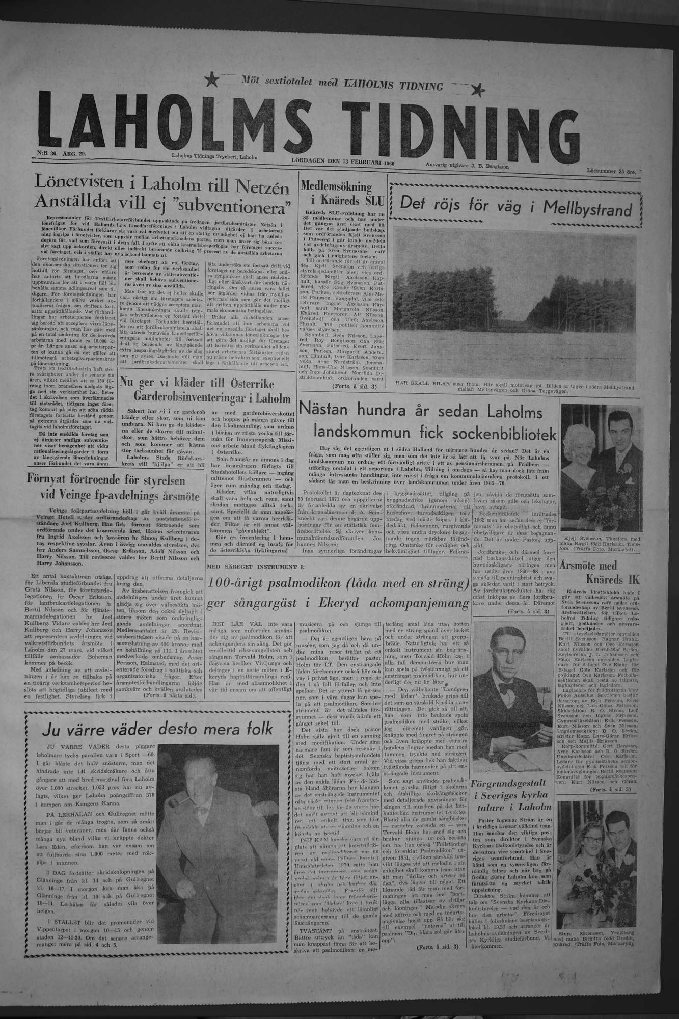 Laholms Tidning Lördag 13 februari 1960, sida 1