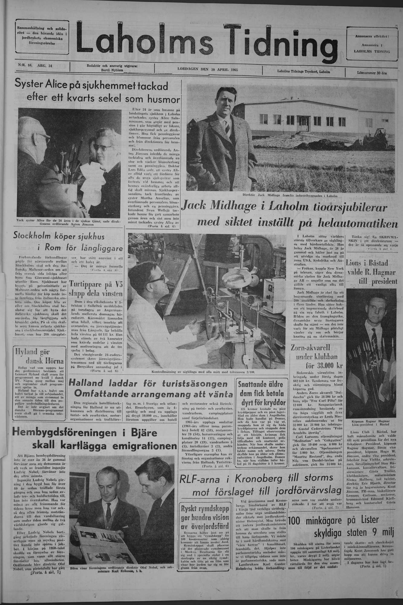 Laholms Tidning Lördag 10 april 1965, sida 1