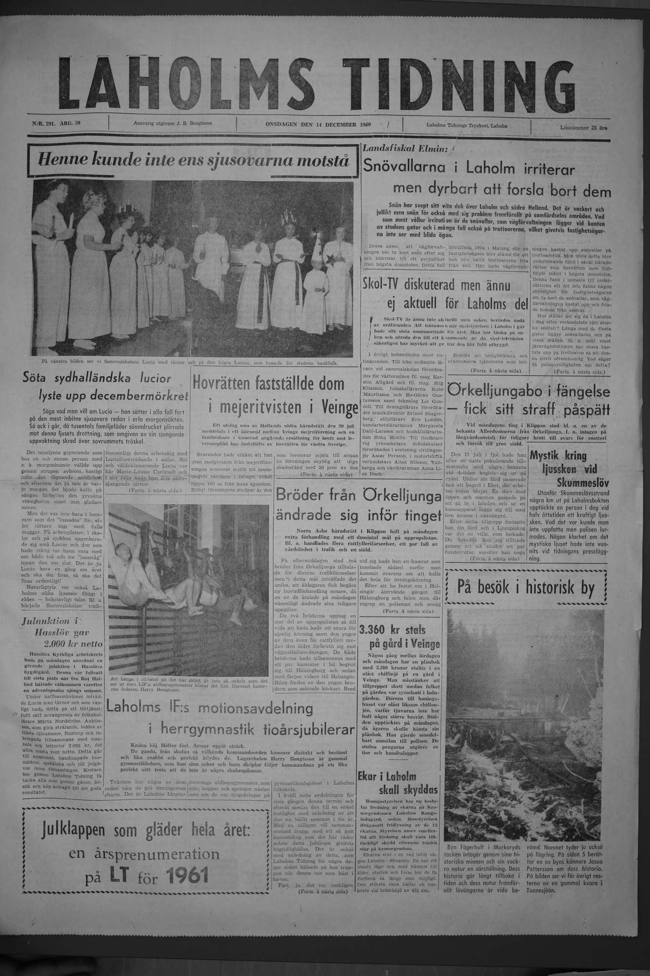 Laholms Tidning Onsdag 14 december 1960, sida 1