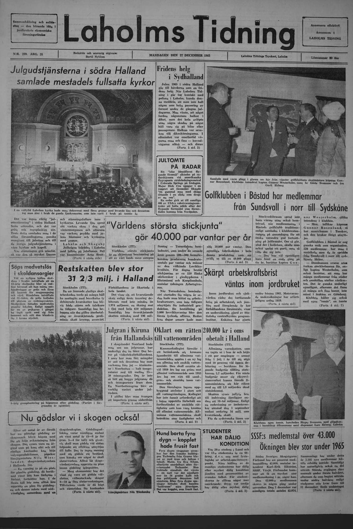Laholms Tidning Måndag 27 december 1965, sida 1