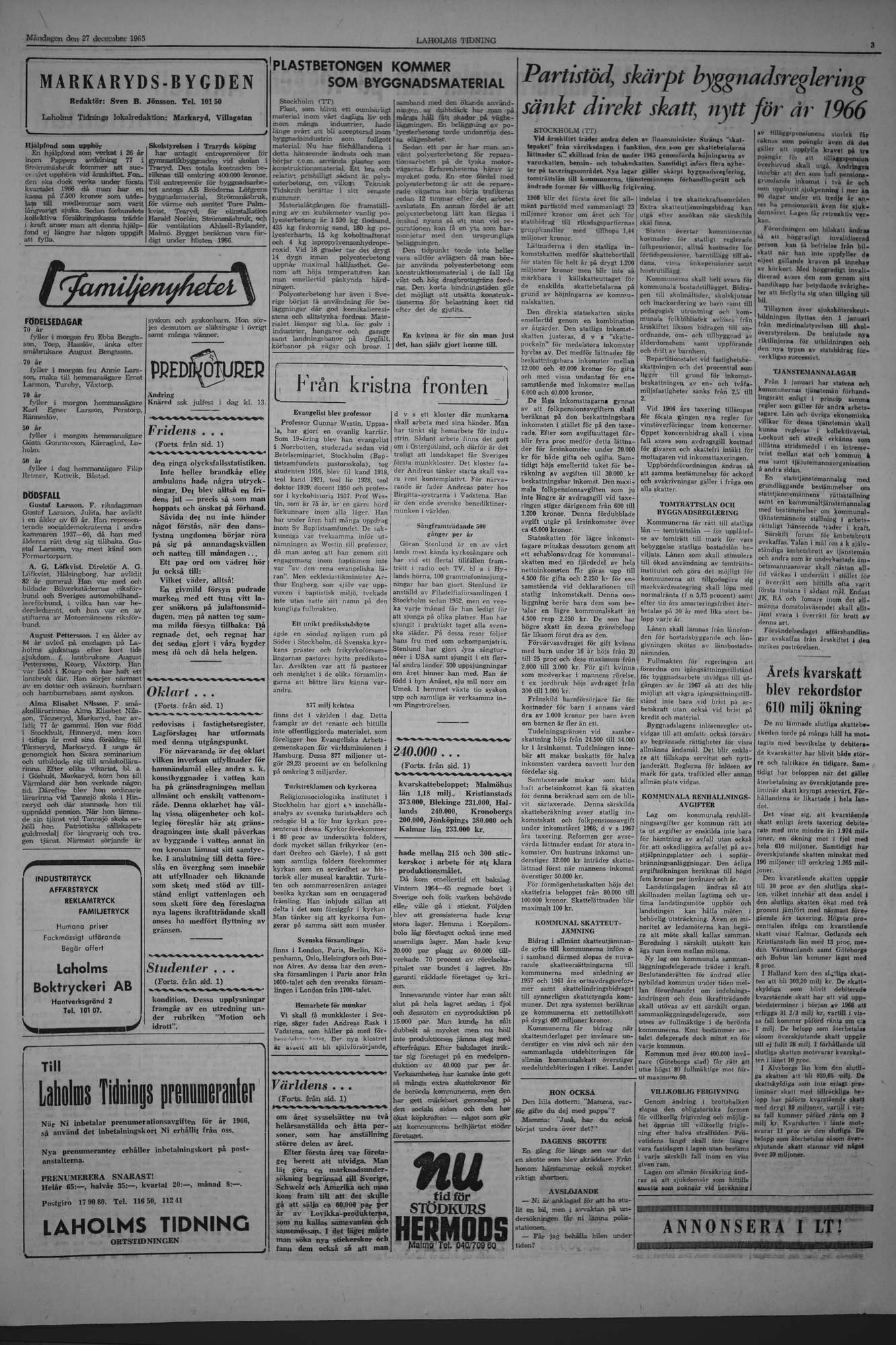 Laholms Tidning Måndag 27 december 1965, sida 3