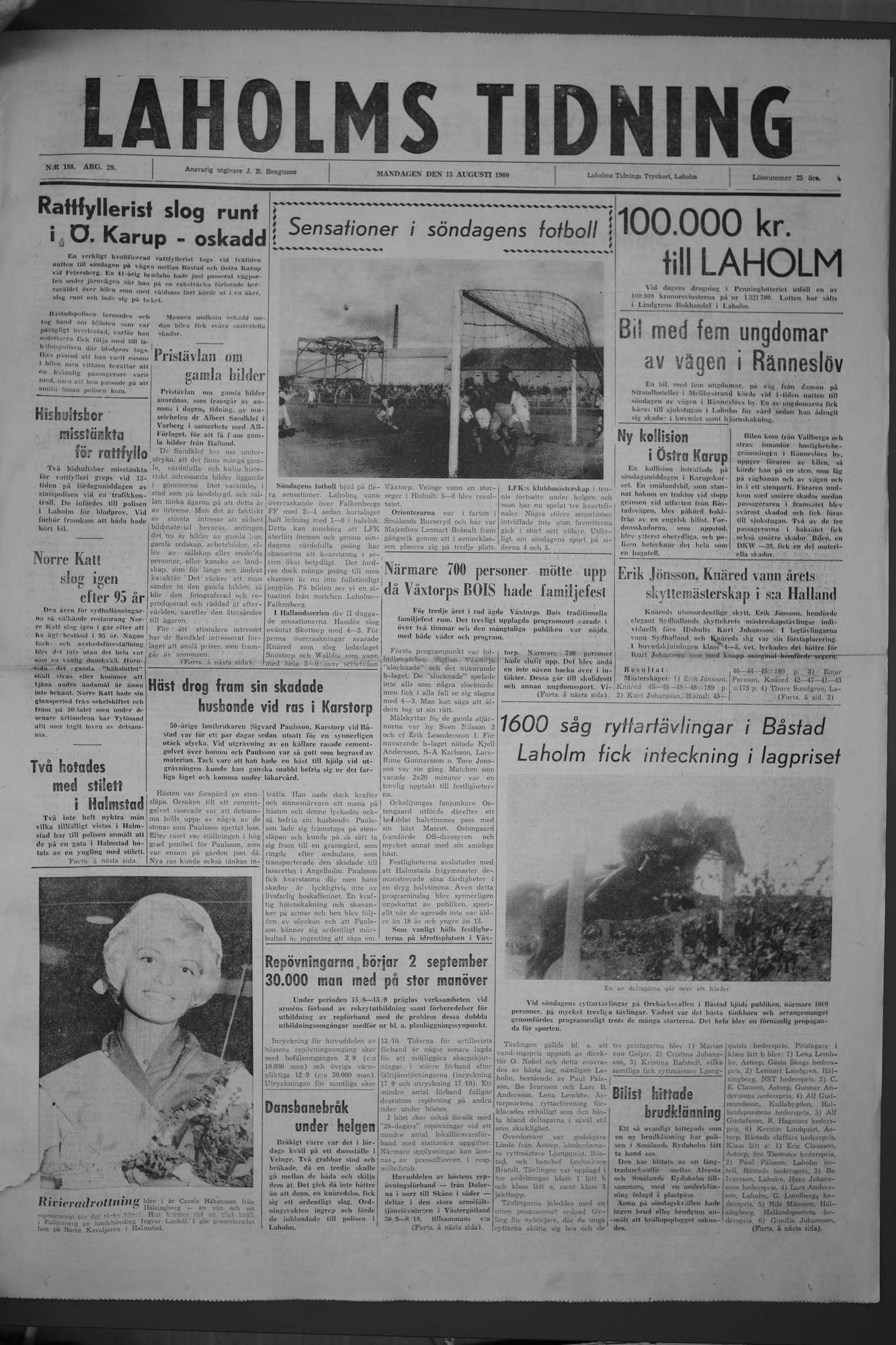Laholms Tidning Måndag 15 augusti 1960, sida 1