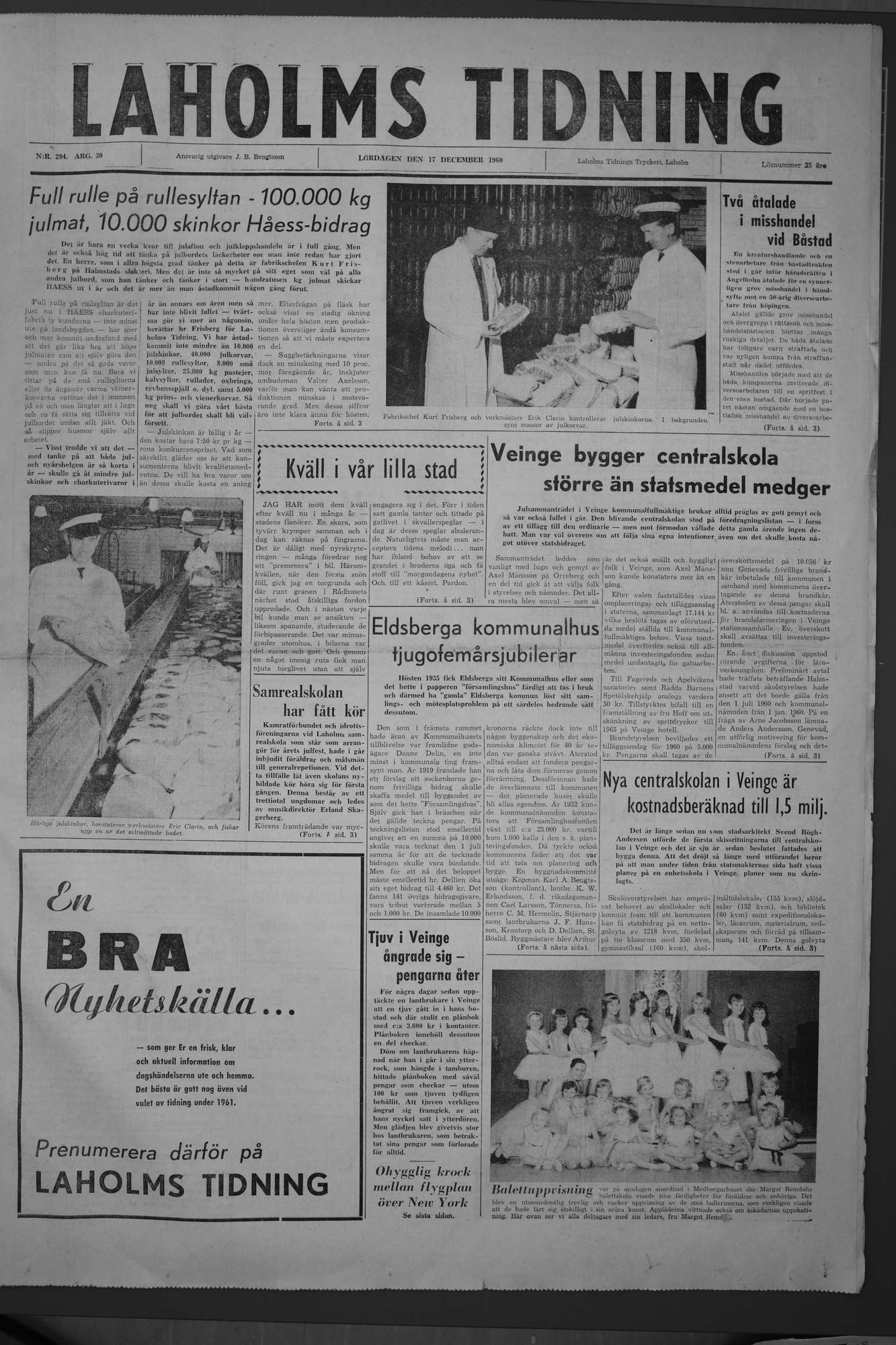 Laholms Tidning Lördag 17 december 1960, sida 1
