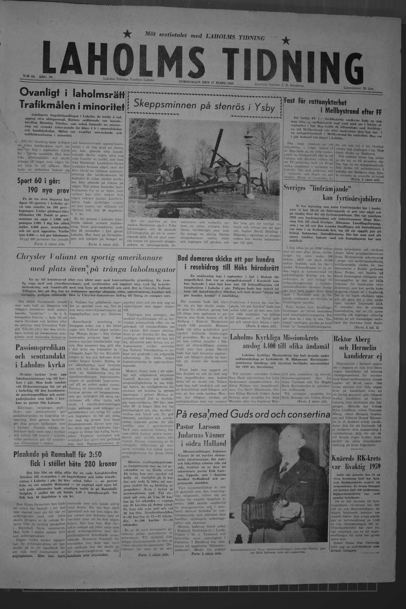 Laholms Tidning Torsdag 17 mars 1960, sida 1