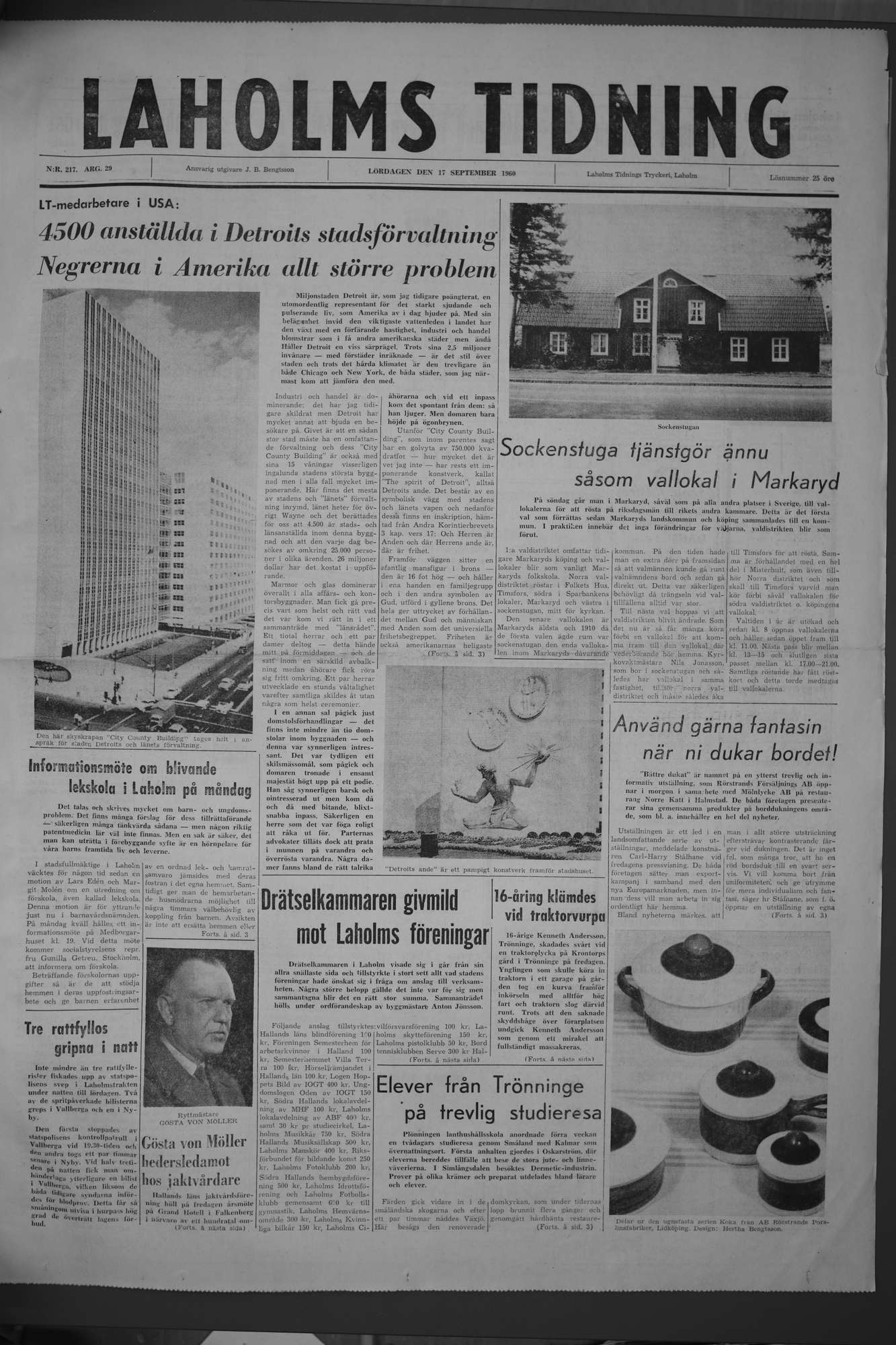 Laholms Tidning Lördag 17 september 1960, sida 1