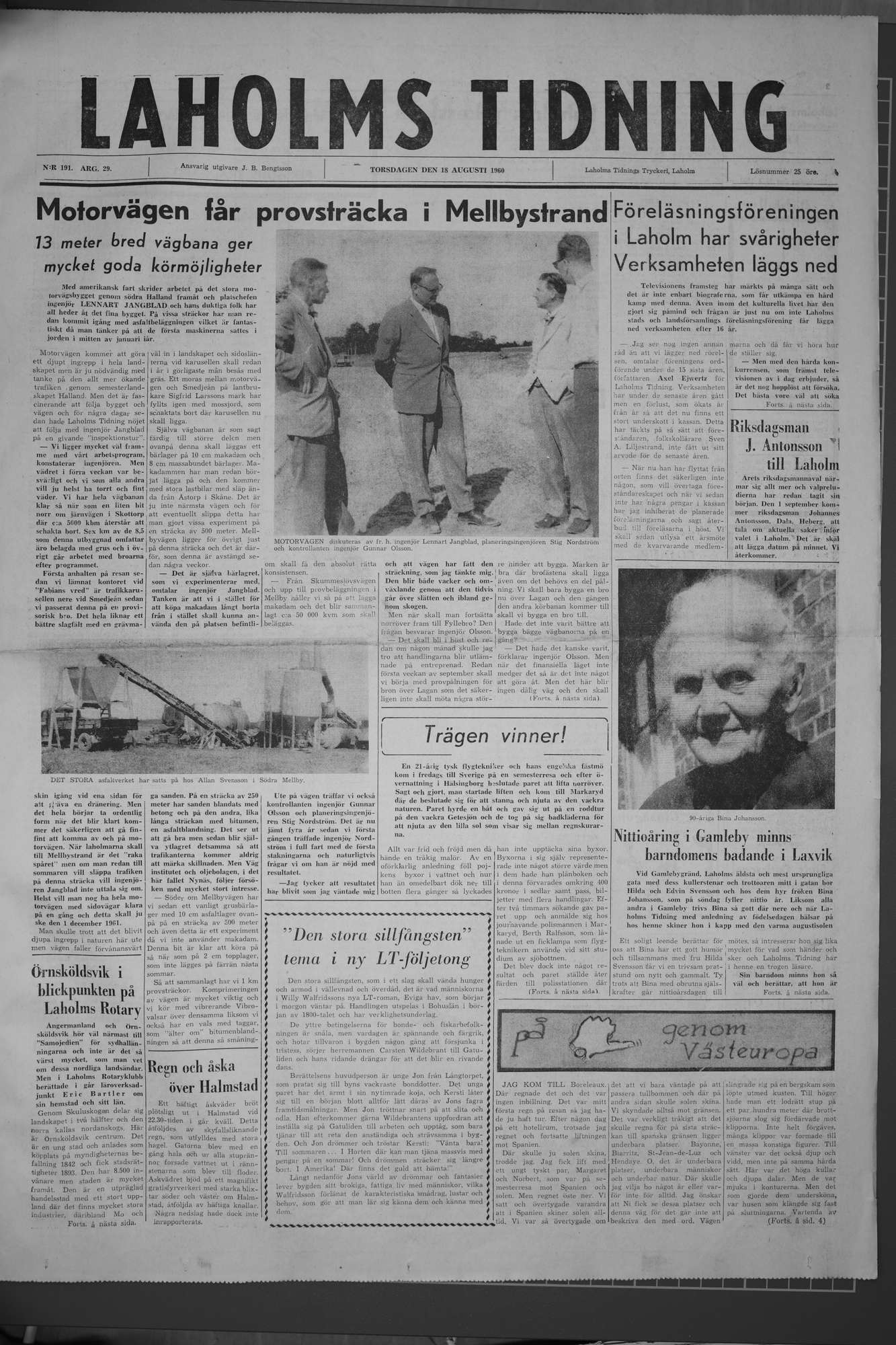 Laholms Tidning Torsdag 18 augusti 1960, sida 1