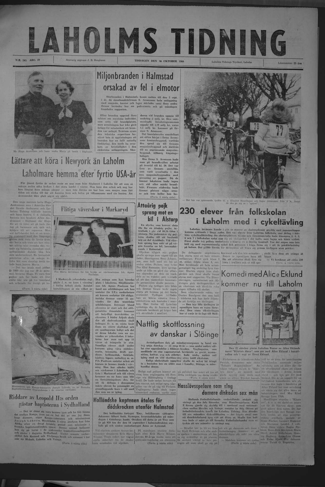 Laholms Tidning Tisdag 18 oktober 1960, sida 1