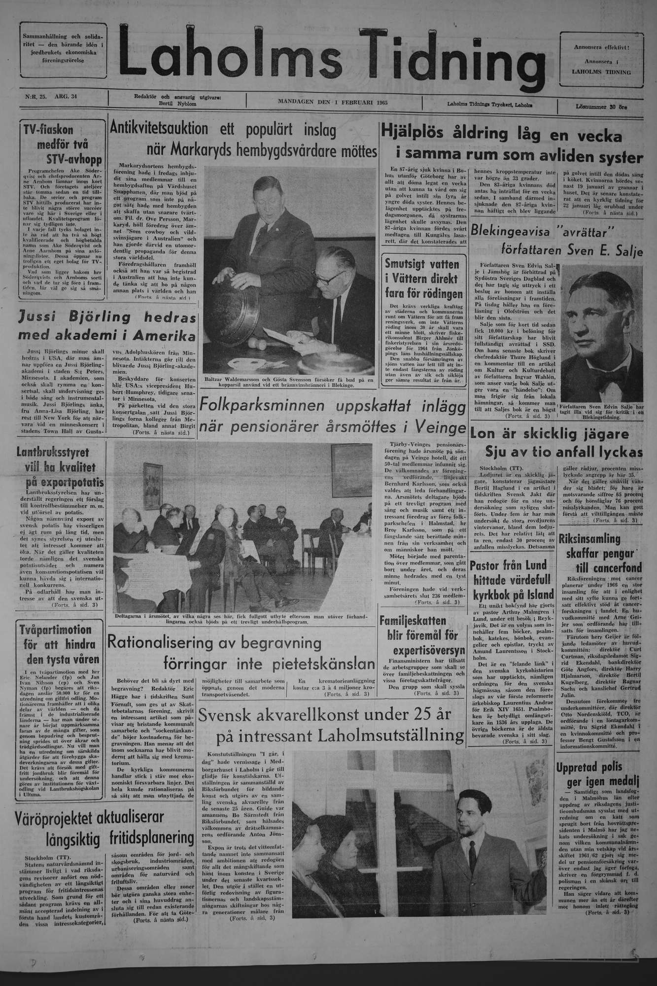 Laholms Tidning Måndag 1 februari 1965, sida 1