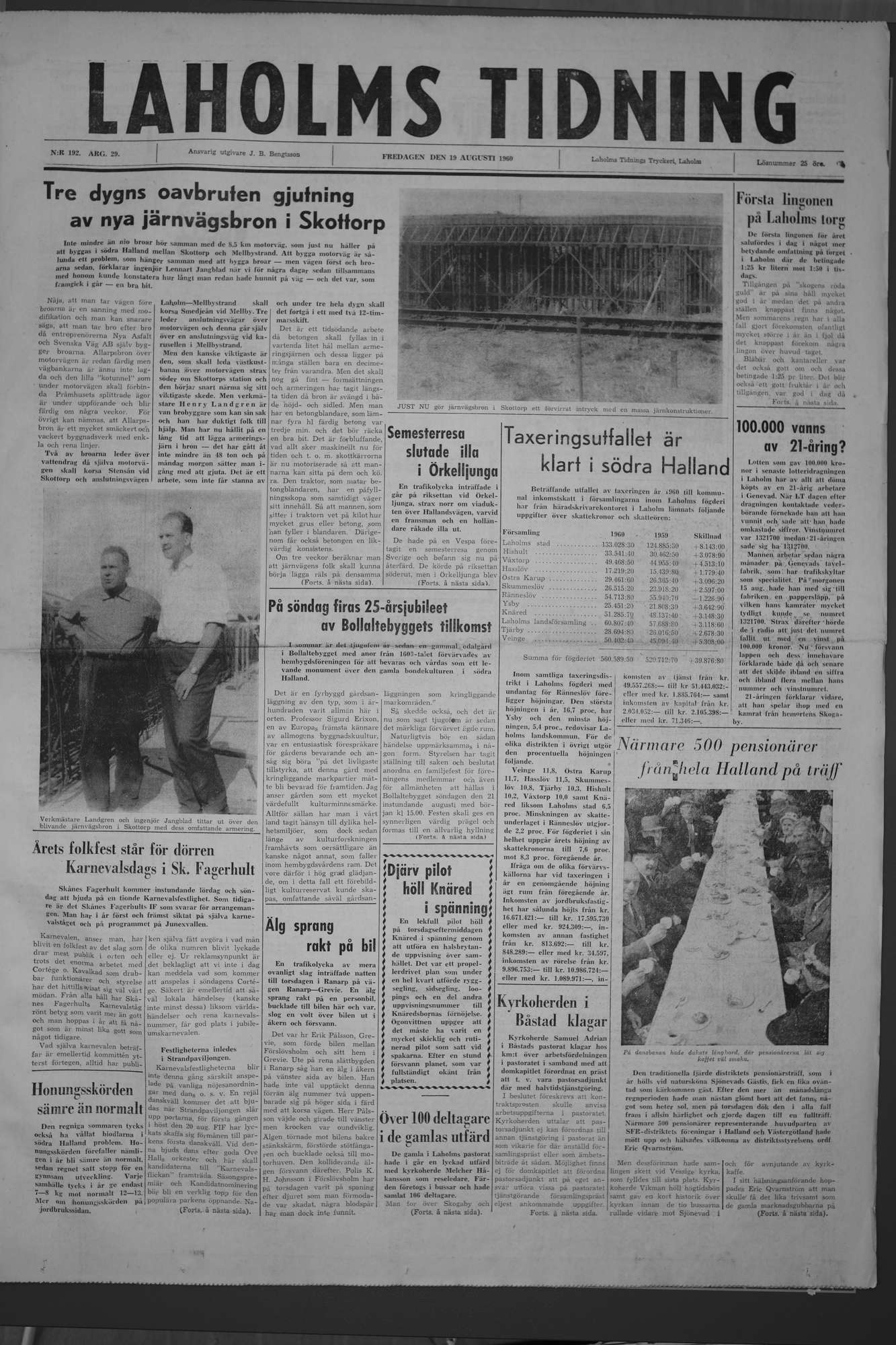 Laholms Tidning Fredag 19 augusti 1960, sida 1