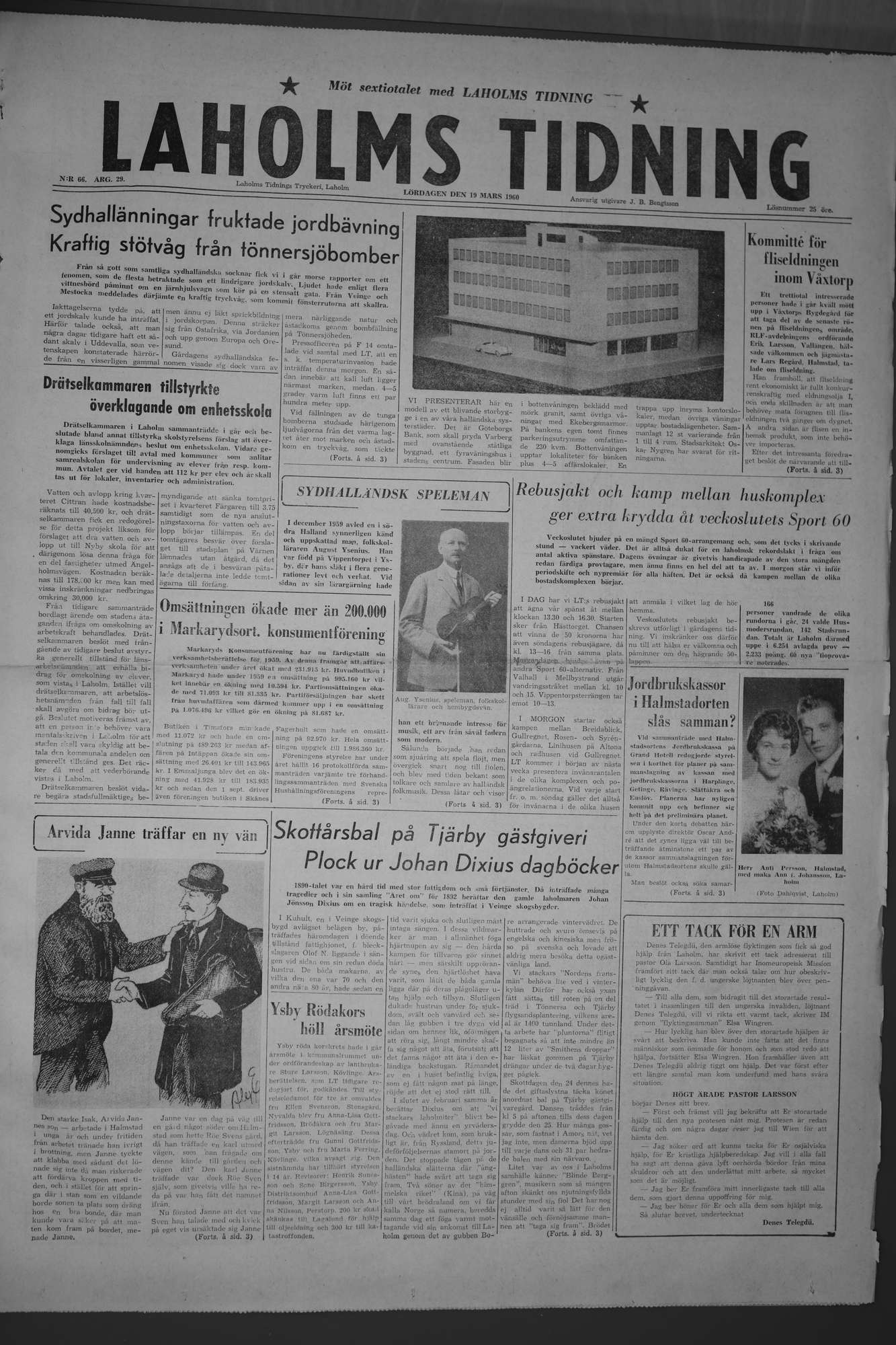Laholms Tidning Lördag 19 mars 1960, sida 1